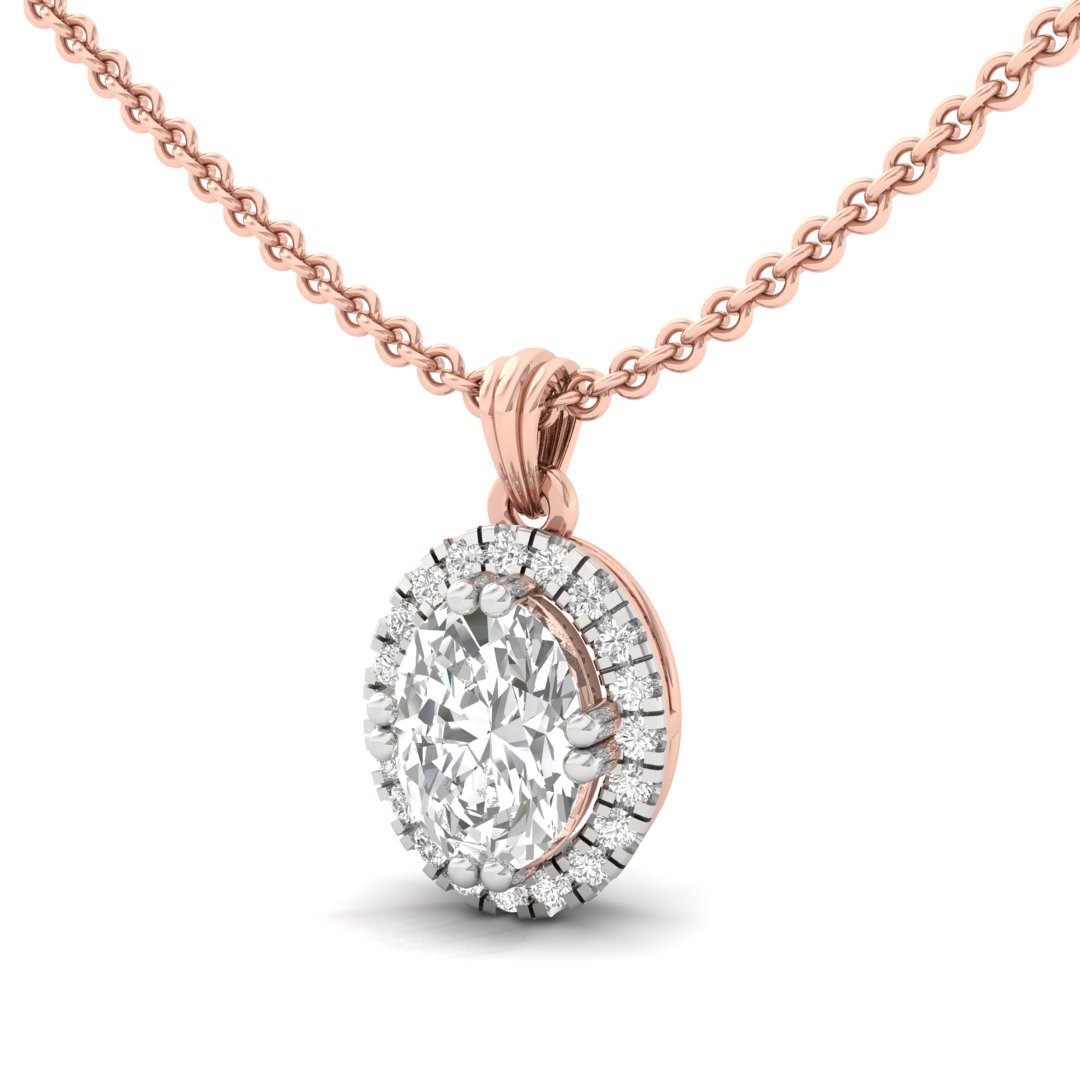 Oval Cut Diamond Halo Pendant (Without Chain) | Lab Grown CVD Diamond Oval Solitaire Necklace with Round Accents | 925 Silver | 10K | 14K | 18K - View 2