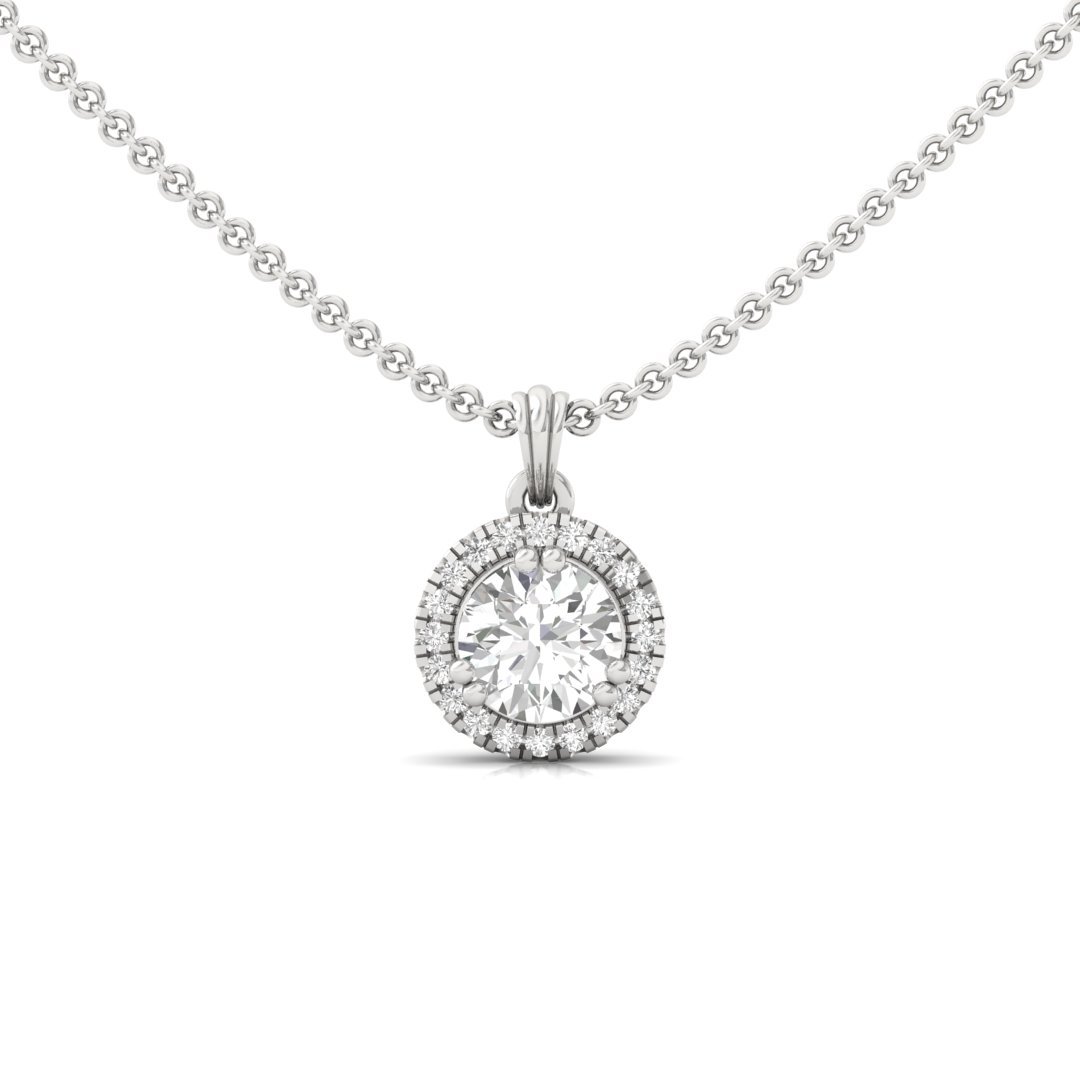 Round Cut Diamond Halo Pendant (Without Chain) | Lab Grown CVD Diamond Solitaire Necklace with Round Accent Stones | 925 Silver | 10K | 14K | 18K - Main View
