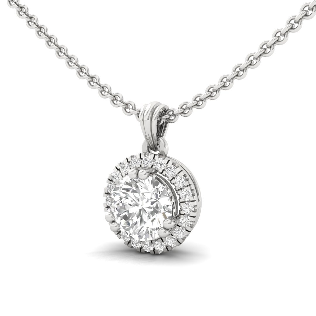 Round Cut Diamond Halo Pendant (Without Chain) | Lab Grown CVD Diamond Solitaire Necklace with Round Accent Stones | 925 Silver | 10K | 14K | 18K - View 2