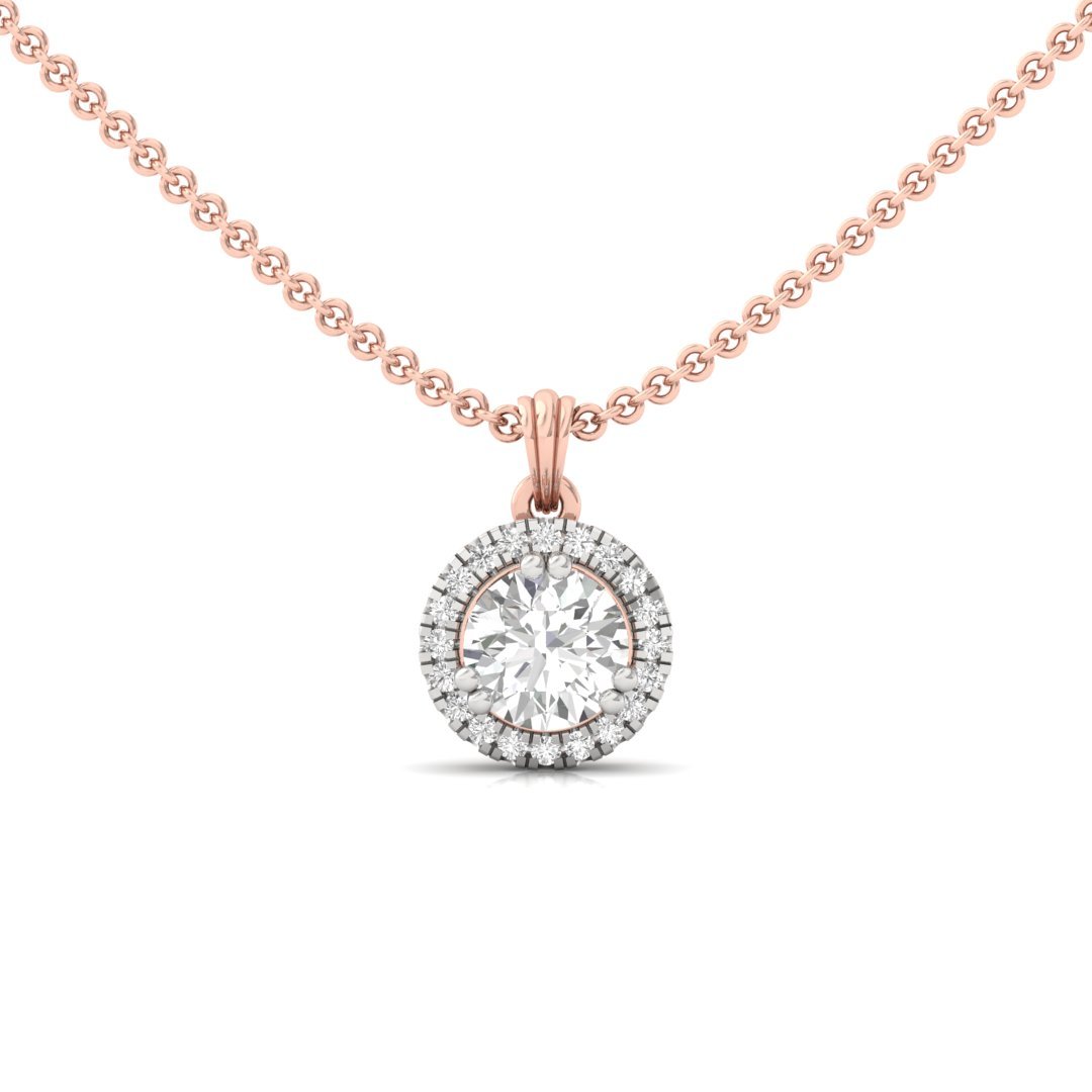 Round Cut Diamond Halo Pendant (Without Chain) | Lab Grown CVD Diamond Solitaire Necklace with Round Accent Stones | 925 Silver | 10K | 14K | 18K - Rose Gold Main View