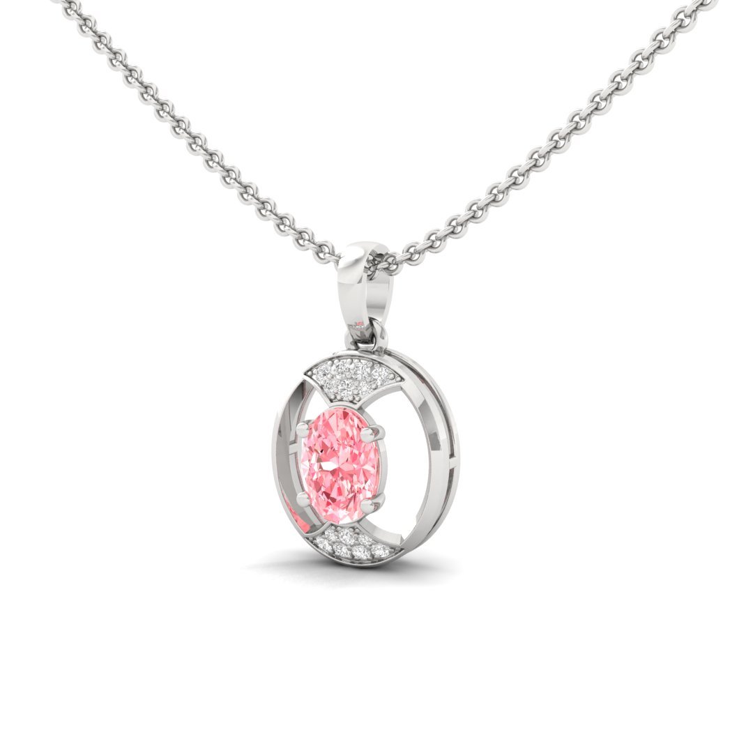 Pink Oval Cut Diamond Pendant (Without Chain) | Lab Grown CVD Diamond Necklace with Round Accents | 925 Silver | 10K | 14K | 18K - View 2