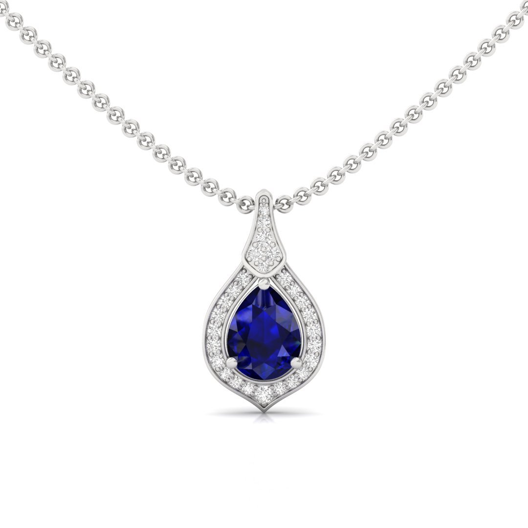 Blue Pear Cut Diamond Pendant (Without Chain) | Lab Grown CVD Blue Diamond Necklace with Round Accents | 925 Silver | 10K | 14K | 18K - Main View