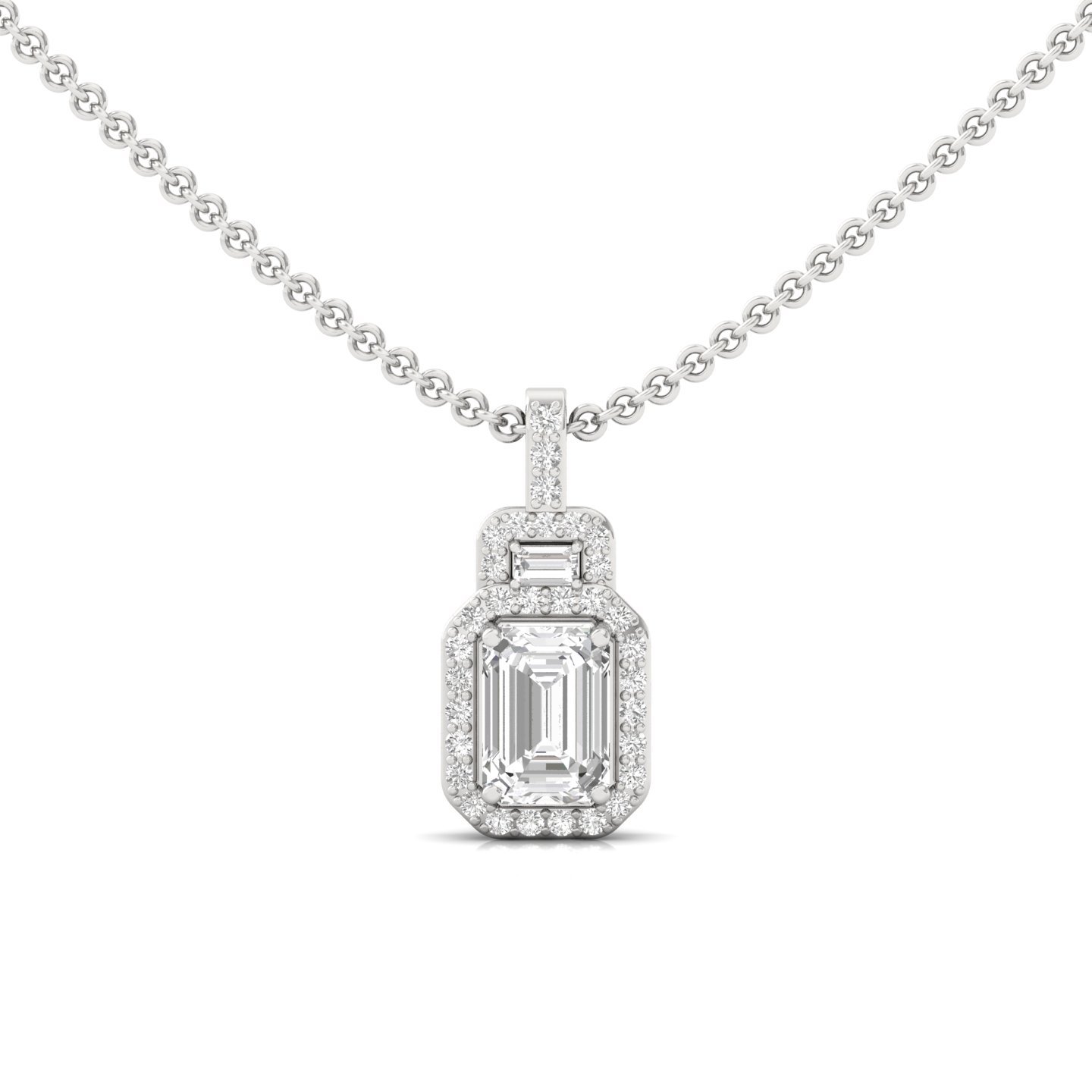 Emerald Cut Diamond Pendant with Halo & Baguette Accents (Without Chain) | Lab Grown CVD Diamond Necklace | 925 Silver | 10K | 14K | 18K - Main View