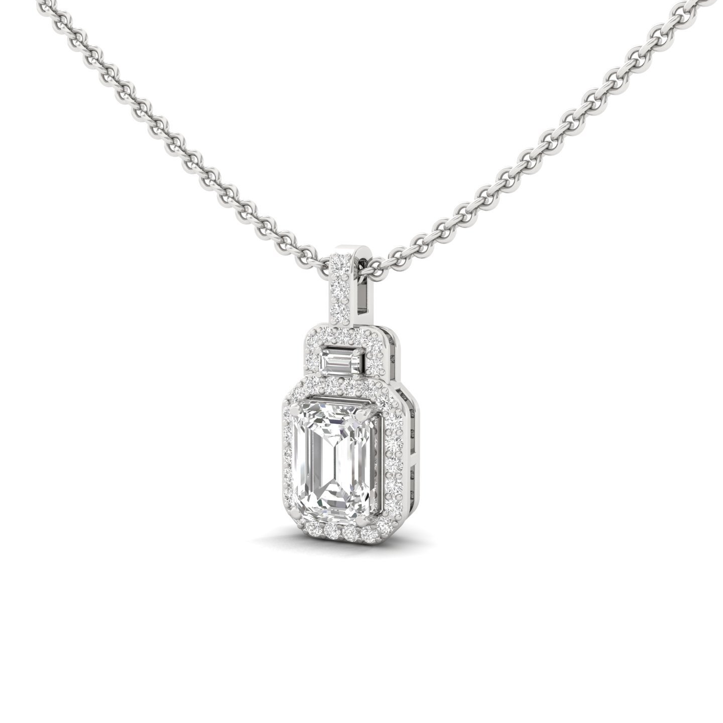 Emerald Cut Diamond Pendant with Halo & Baguette Accents (Without Chain) | Lab Grown CVD Diamond Necklace | 925 Silver | 10K | 14K | 18K - View 2