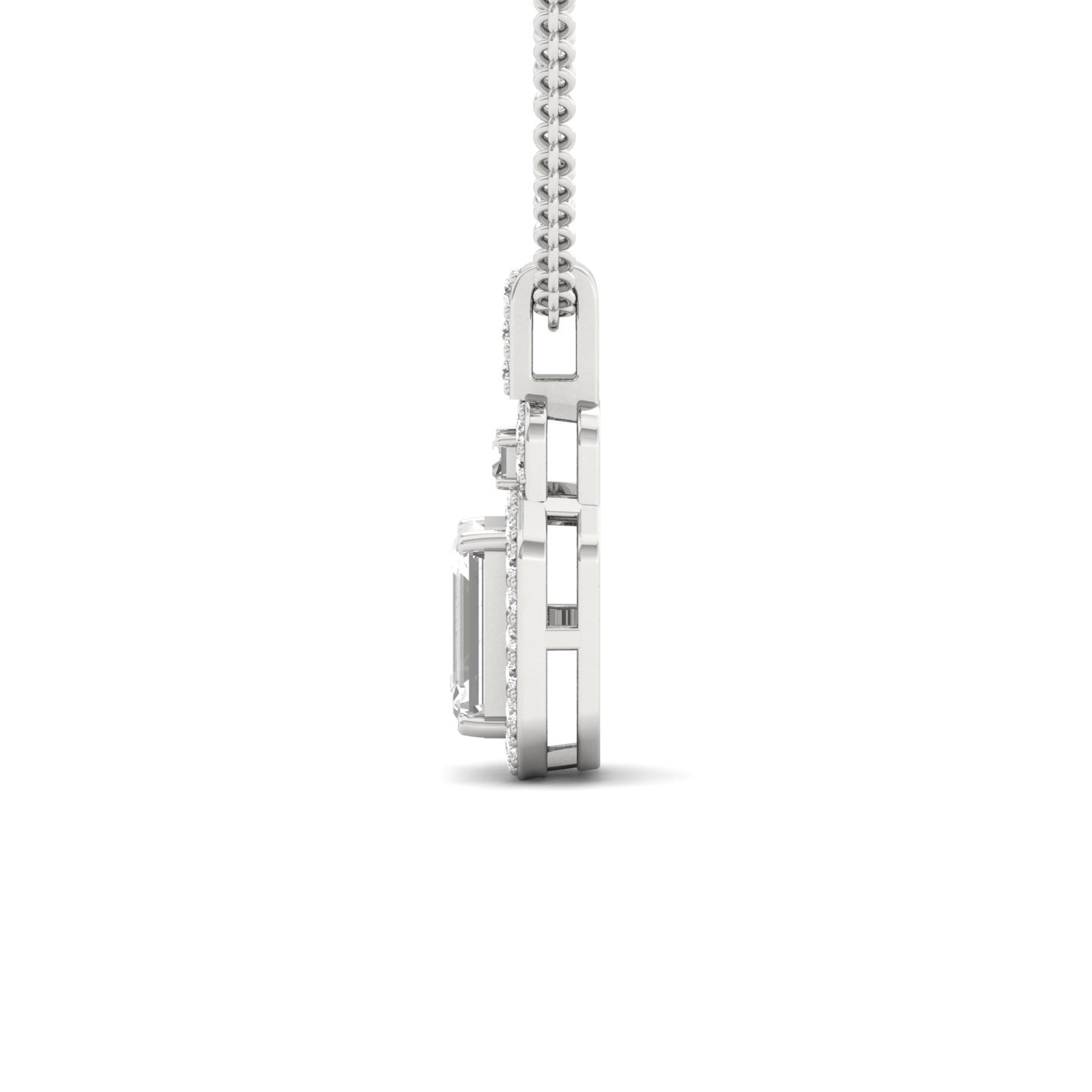 Emerald Cut Diamond Pendant with Halo & Baguette Accents (Without Chain) | Lab Grown CVD Diamond Necklace | 925 Silver | 10K | 14K | 18K - View 3