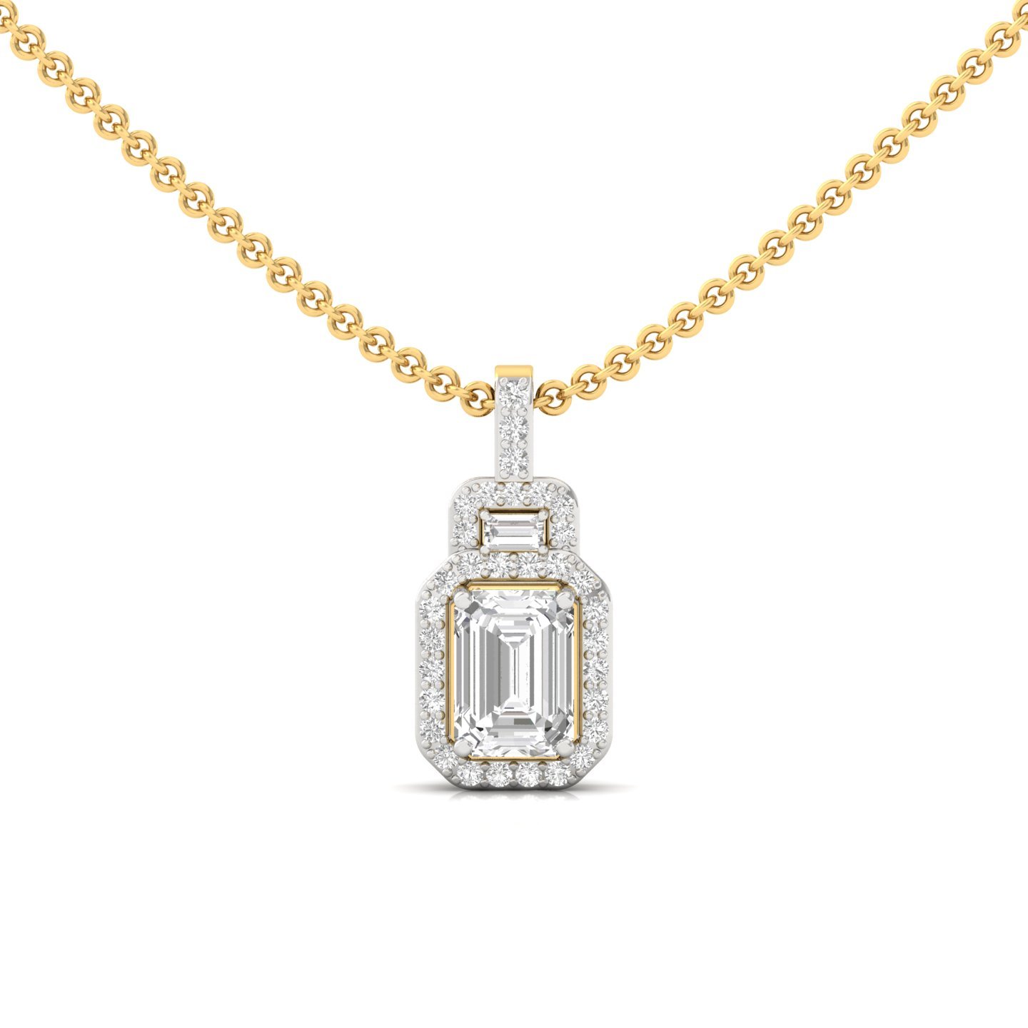 Emerald Cut Diamond Pendant with Halo & Baguette Accents (Without Chain) | Lab Grown CVD Diamond Necklace | 925 Silver | 10K | 14K | 18K - Gold Main View