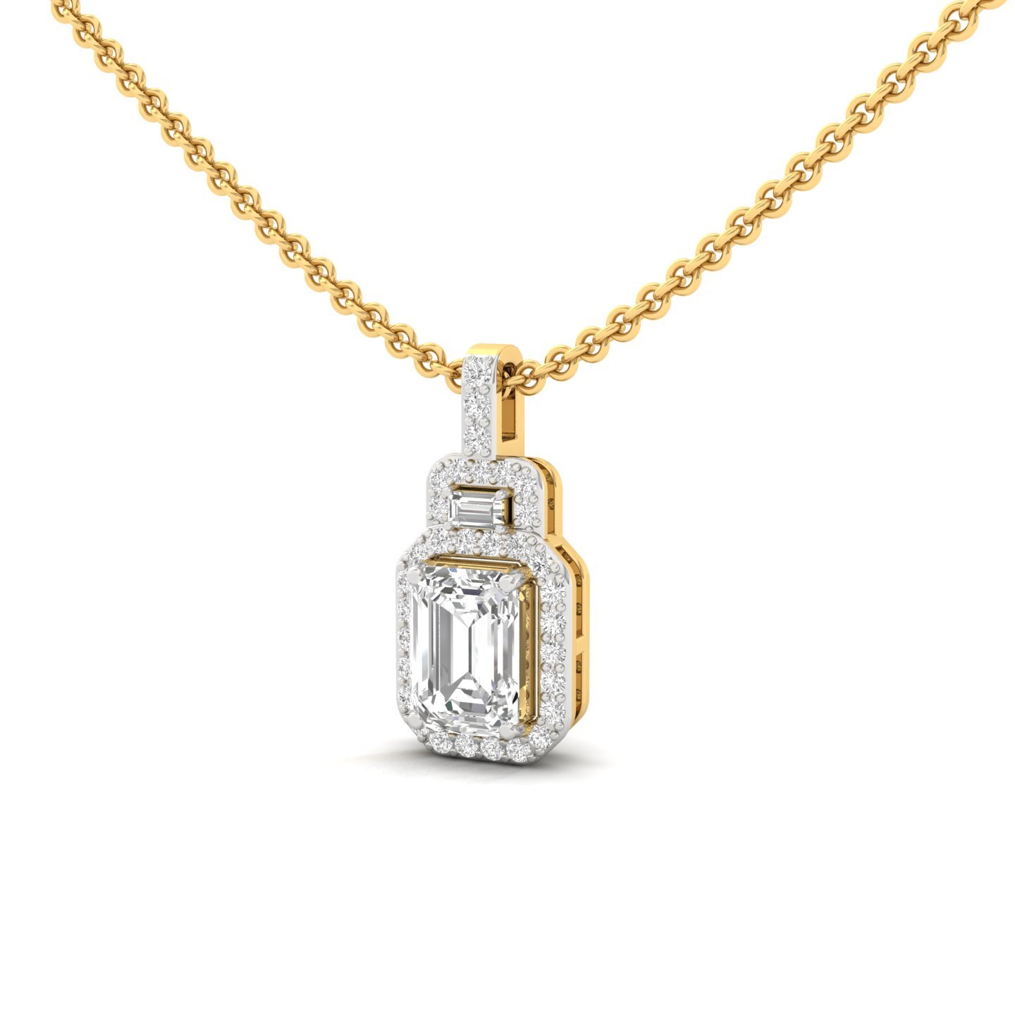 Emerald Cut Diamond Pendant with Halo & Baguette Accents (Without Chain) | Lab Grown CVD Diamond Necklace | 925 Silver | 10K | 14K | 18K - View 2