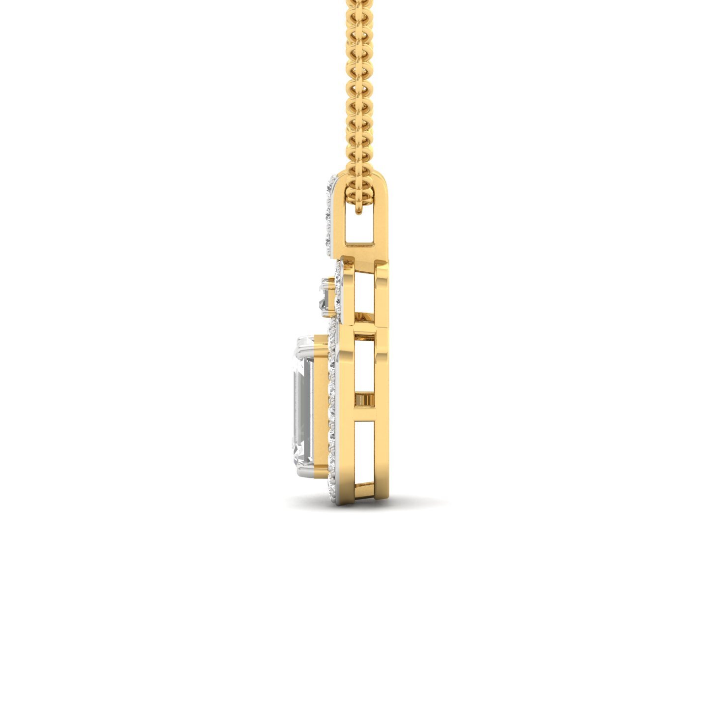 Emerald Cut Diamond Pendant with Halo & Baguette Accents (Without Chain) | Lab Grown CVD Diamond Necklace | 925 Silver | 10K | 14K | 18K - View 3