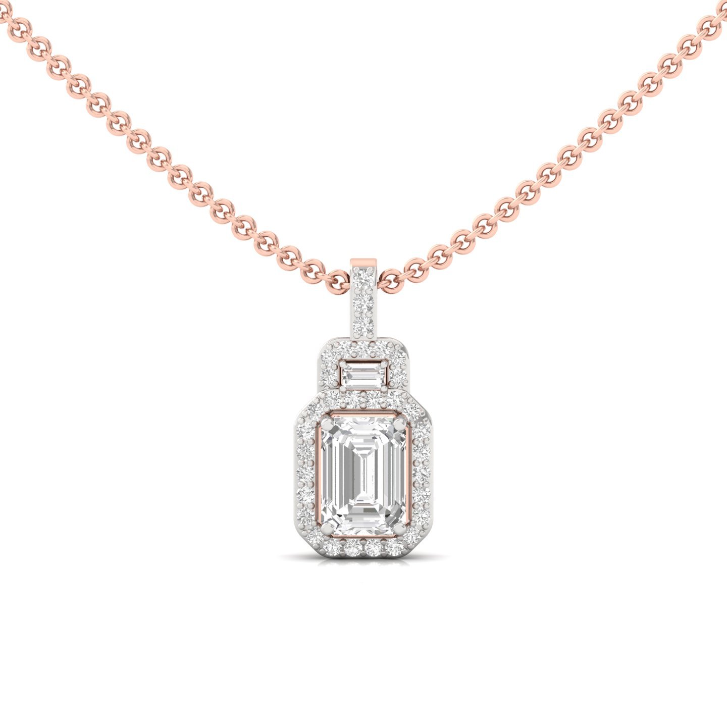 Emerald Cut Diamond Pendant with Halo & Baguette Accents (Without Chain) | Lab Grown CVD Diamond Necklace | 925 Silver | 10K | 14K | 18K - Rose Gold Main View