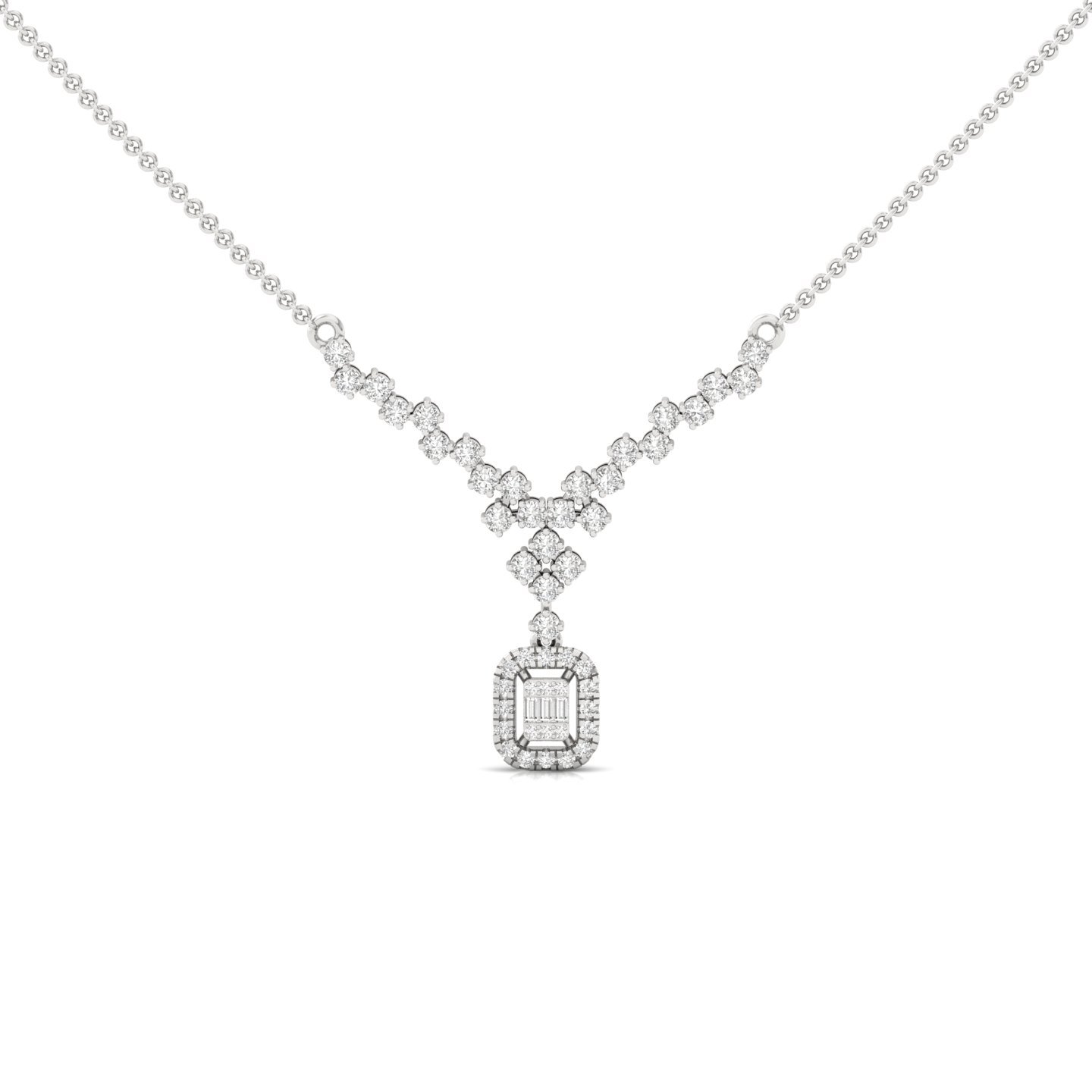 Round & Baguette Diamond Necklace Pendant | Lab Grown CVD Diamond Designer Necklace (Without Chain) | 925 Silver | 10K | 14K | 18K - Main View