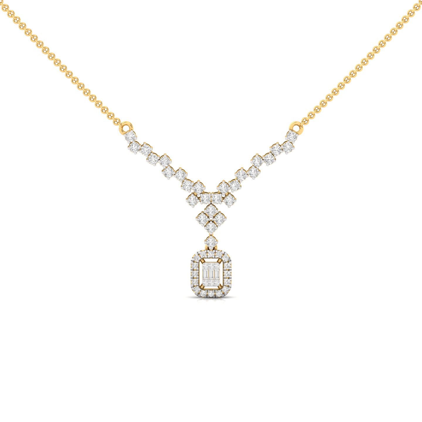 Round & Baguette Diamond Necklace Pendant | Lab Grown CVD Diamond Designer Necklace (Without Chain) | 925 Silver | 10K | 14K | 18K - Gold Main View