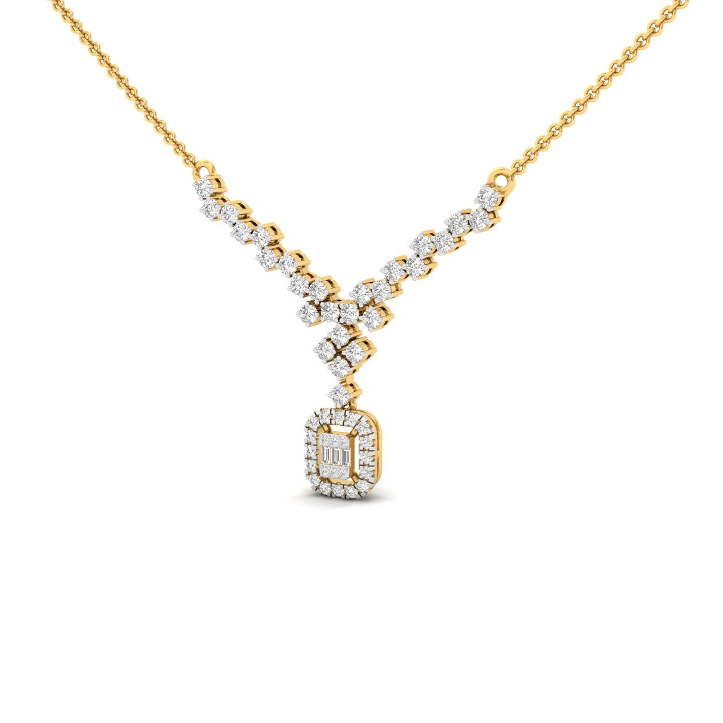 Round & Baguette Diamond Necklace Pendant | Lab Grown CVD Diamond Designer Necklace (Without Chain) | 925 Silver | 10K | 14K | 18K - View 2