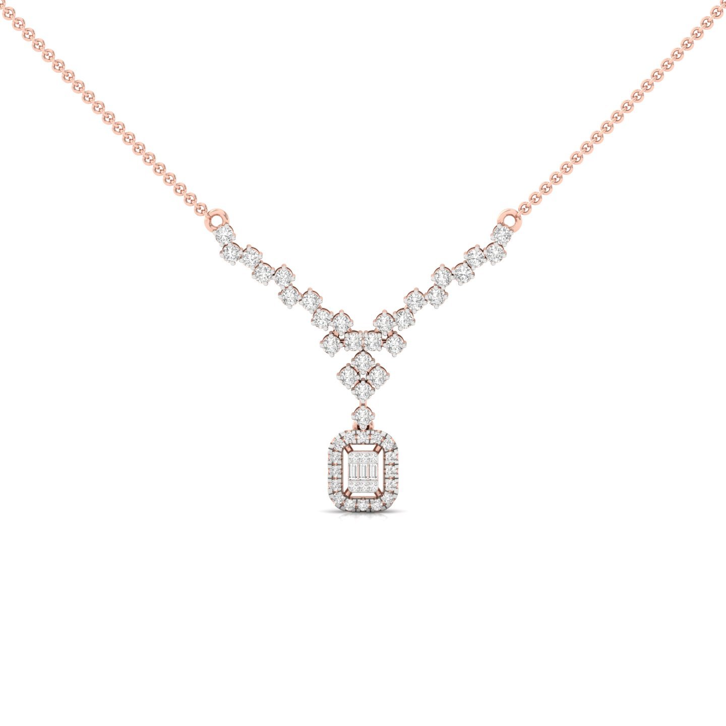 Round & Baguette Diamond Necklace Pendant | Lab Grown CVD Diamond Designer Necklace (Without Chain) | 925 Silver | 10K | 14K | 18K - Rose Gold Main View