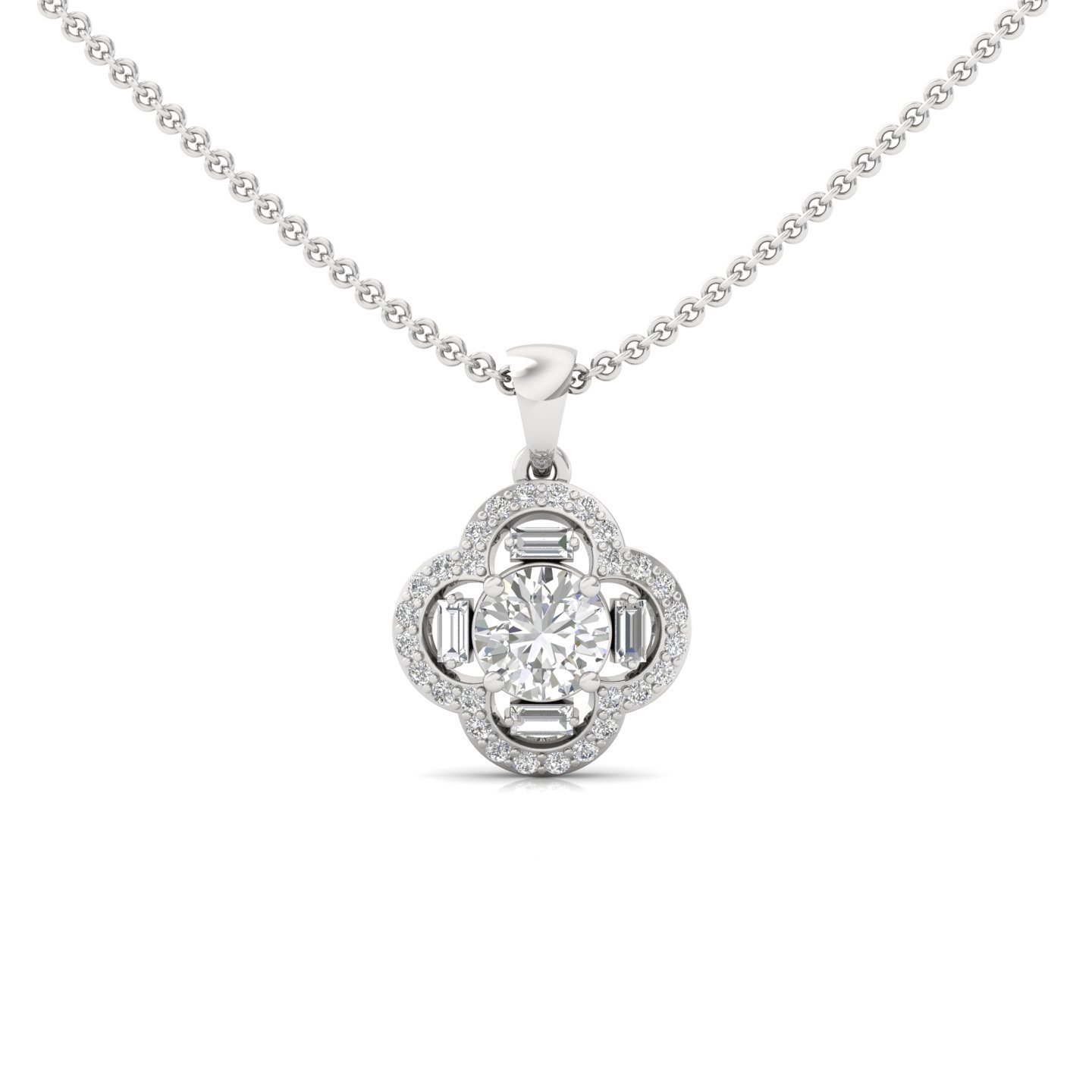 Round & Baguette Diamond Floral Halo Pendant | Lab Grown CVD Diamond Cluster Necklace (Without Chain) | 925 Silver | 10K | 14K | 18K - Main View