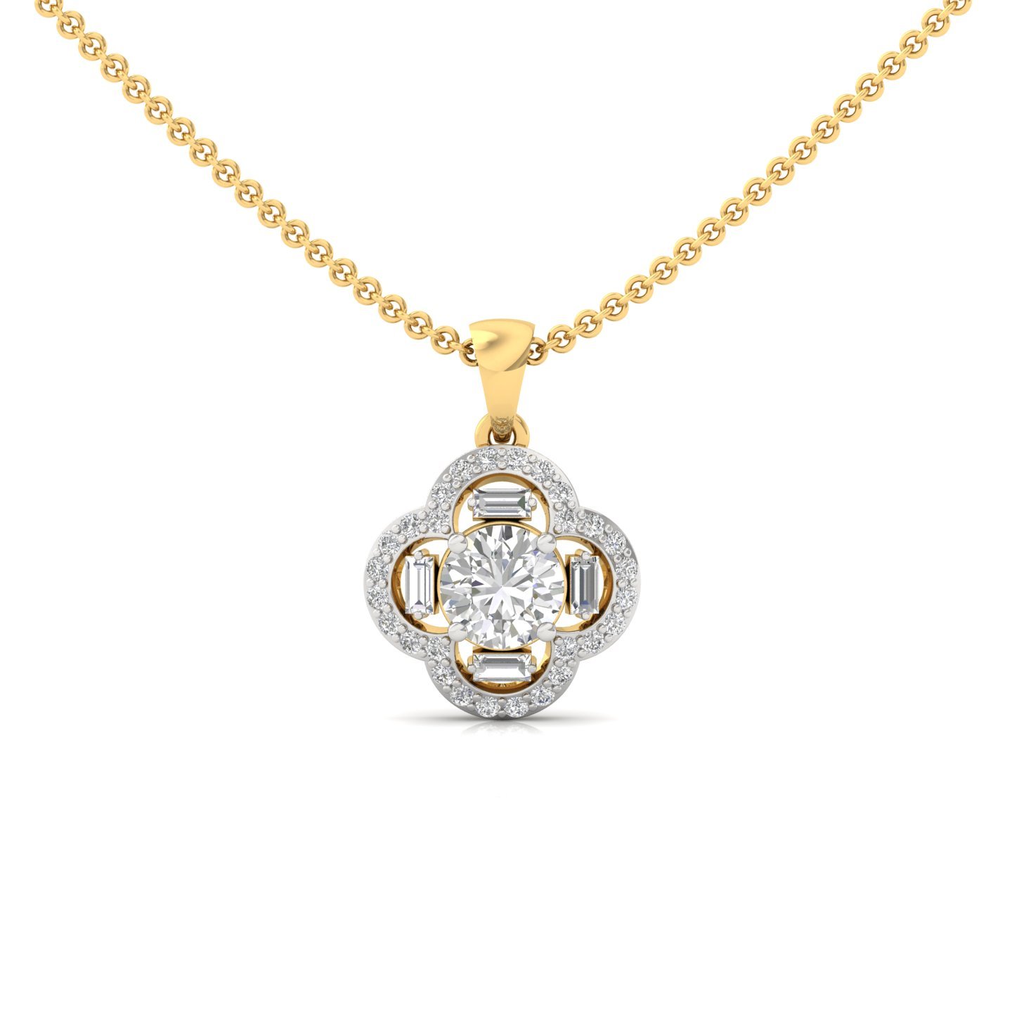 Round & Baguette Diamond Floral Halo Pendant | Lab Grown CVD Diamond Cluster Necklace (Without Chain) | 925 Silver | 10K | 14K | 18K - Gold Main View