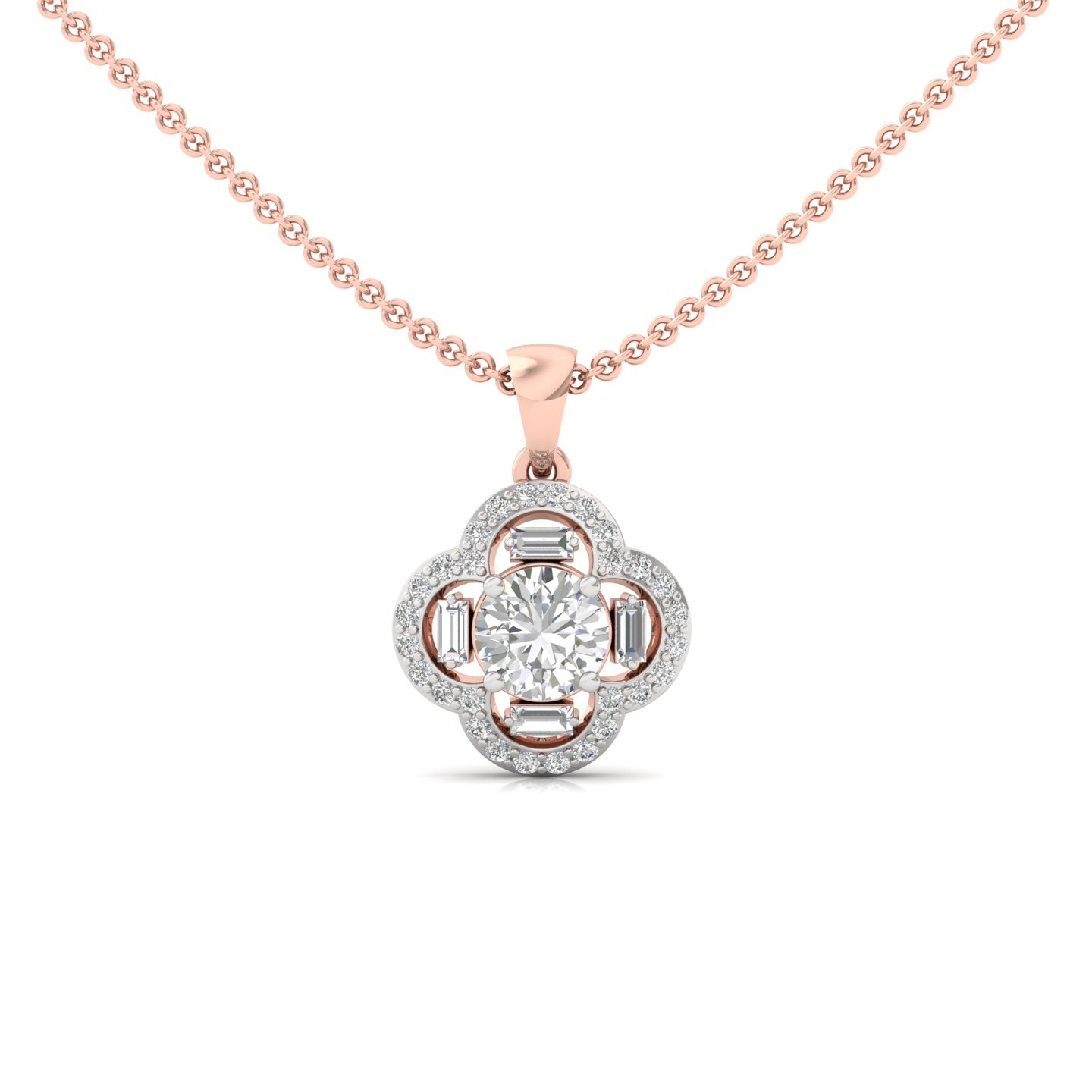 Round & Baguette Diamond Floral Halo Pendant | Lab Grown CVD Diamond Cluster Necklace (Without Chain) | 925 Silver | 10K | 14K | 18K - Rose Gold Main View