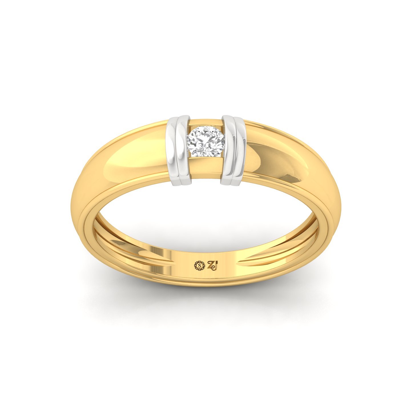 Round Cut Diamond Men’s Two-Tone Band Ring | Lab Grown CVD Diamond Solitaire Ring | 925 Silver | 10K | 14K | 18K - Gold Main View