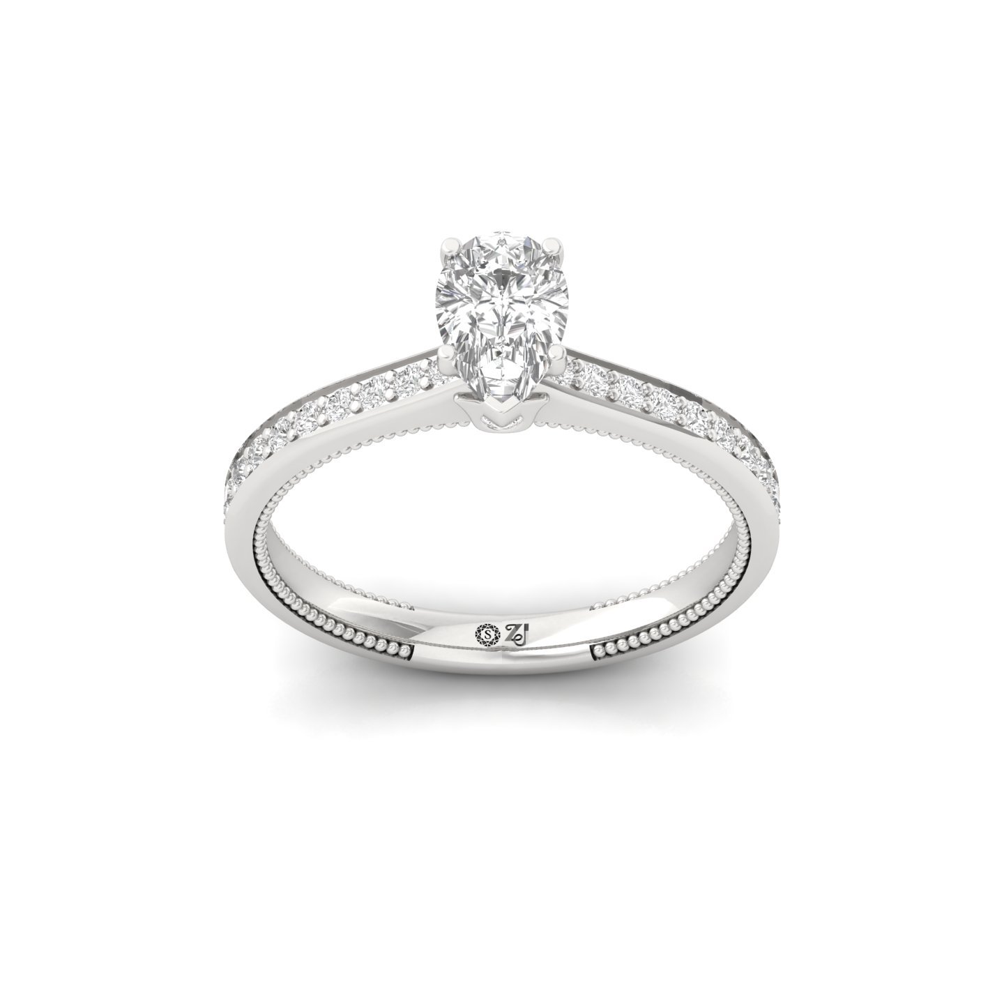 Pear Cut Solitaire Engagement Ring with Diamond Band | Lab Grown CVD Diamond | Silver | 10K | 14K | 18K - Main View