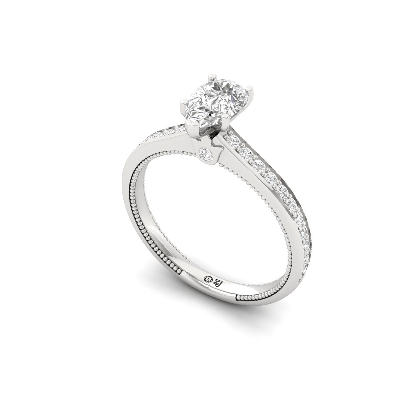 Pear Cut Solitaire Engagement Ring with Diamond Band | Lab Grown CVD Diamond | Silver | 10K | 14K | 18K - View 2