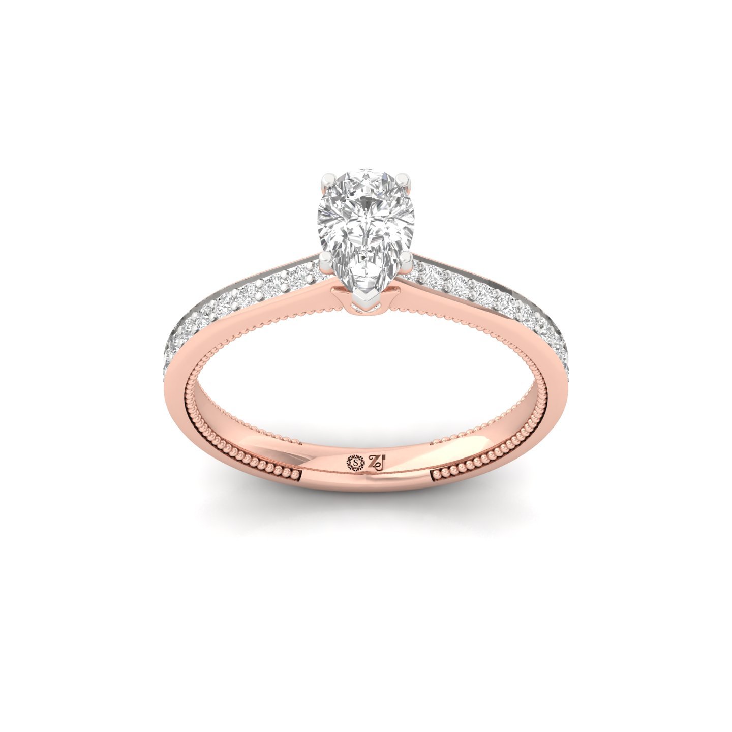 Pear Cut Solitaire Engagement Ring with Diamond Band | Lab Grown CVD Diamond | Silver | 10K | 14K | 18K - Rose Gold Main View