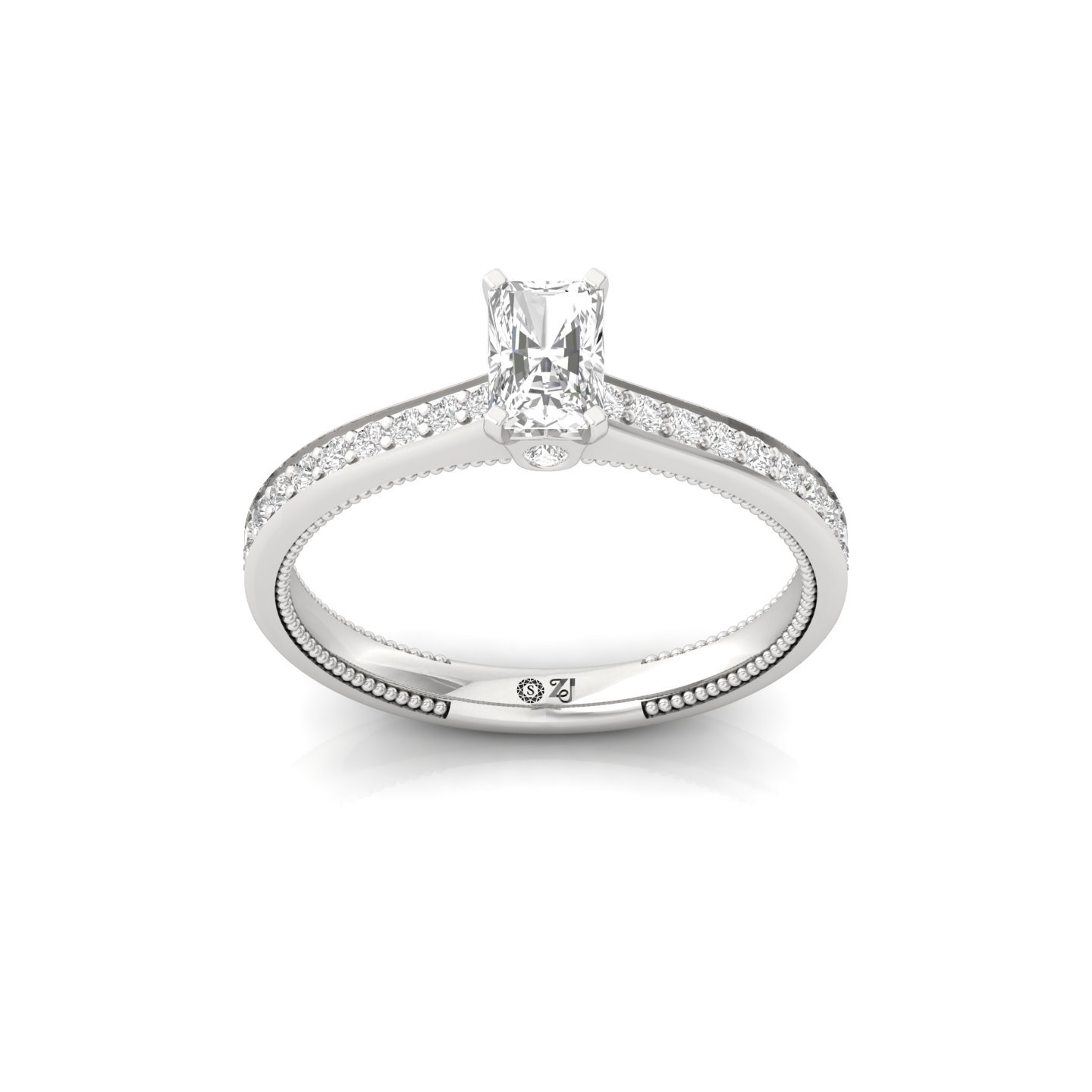Radiant Cut Solitaire Engagement Ring with Diamond Band | Lab Grown CVD Diamond | Silver | 10K | 14K | 18K - Main View