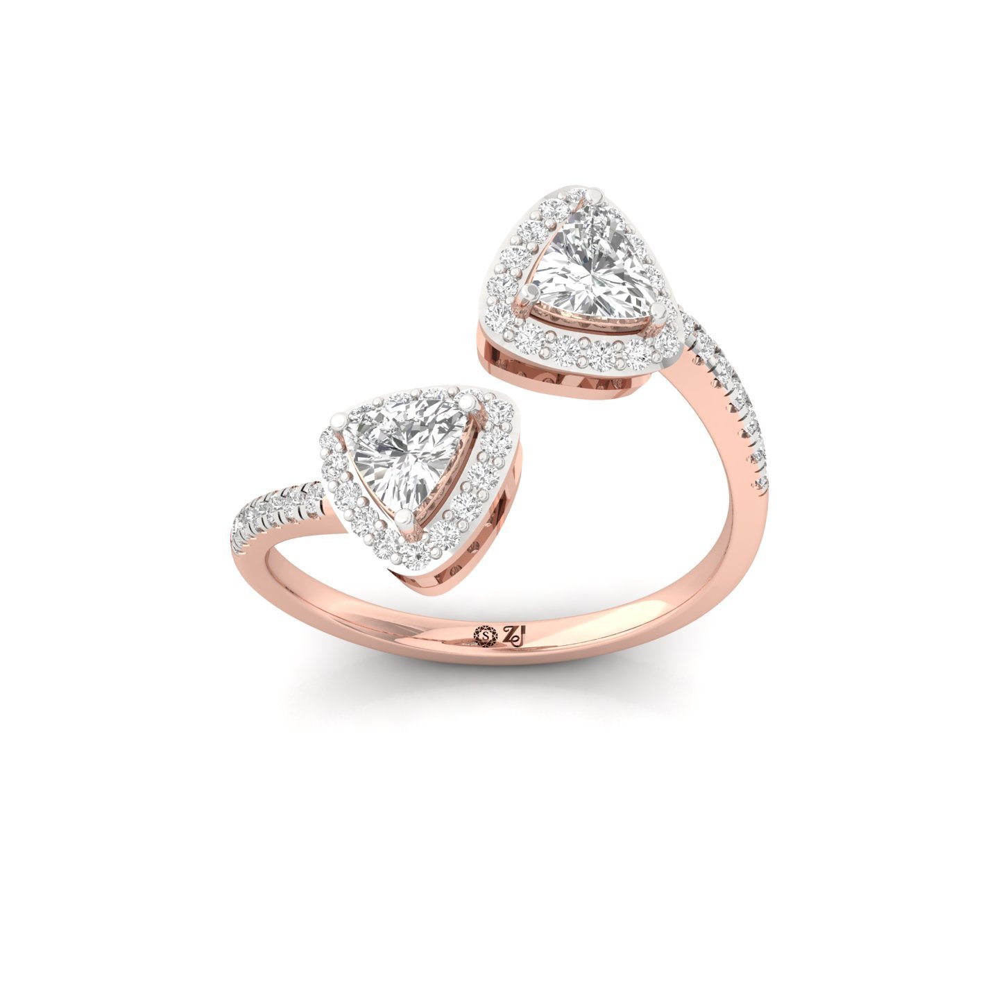 Trillion Cut Diamond Open Ring | Double Trillion Halo Ring | Lab Grown Diamonds | 925 Silver | 10K | 14K | 18K - Rose Gold Main View