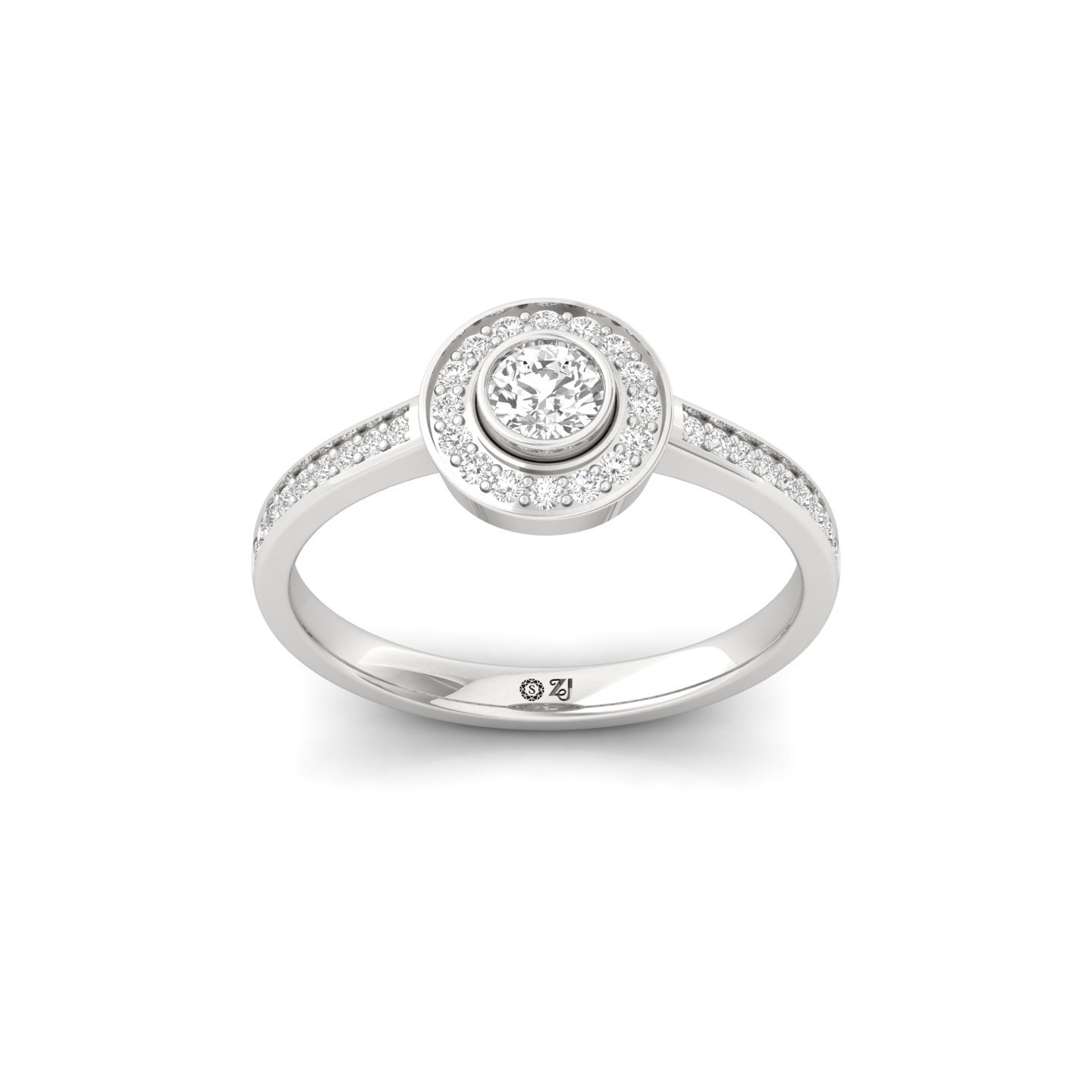 Round Cut Diamond Halo Engagement Ring | Bezel & Pavé Diamond Band | Lab Grown Diamonds | 925 Silver | 10K | 14K | 18K - Main View