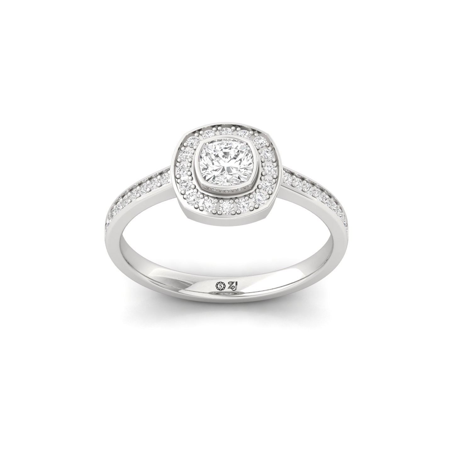 Cushion Cut Diamond Halo Engagement Ring | Lab Grown CVD Diamond Bezel & Pavé Ring | 925 Silver | 10K | 14K | 18K - Main View