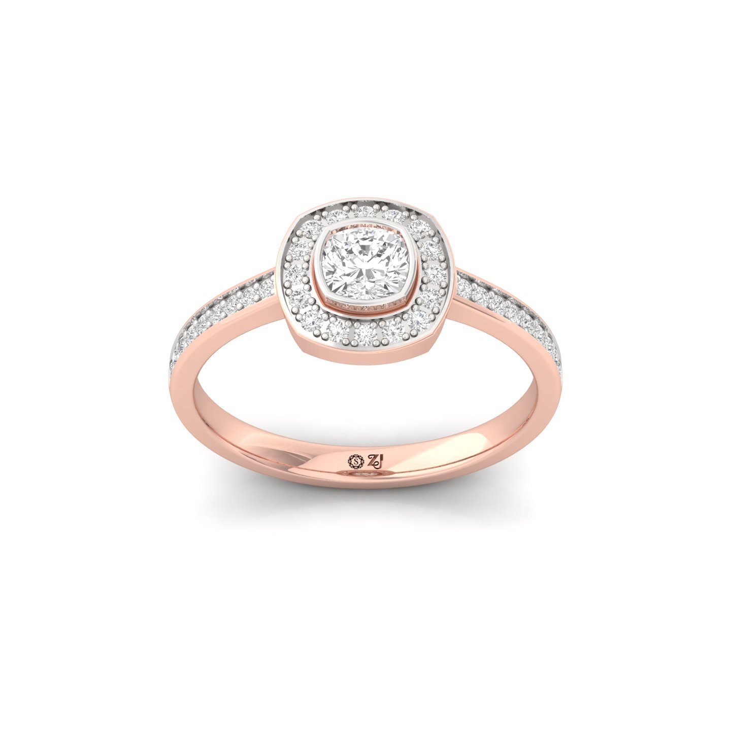 Cushion Cut Diamond Halo Engagement Ring | Lab Grown CVD Diamond Bezel & Pavé Ring | 925 Silver | 10K | 14K | 18K - Rose Gold Main View