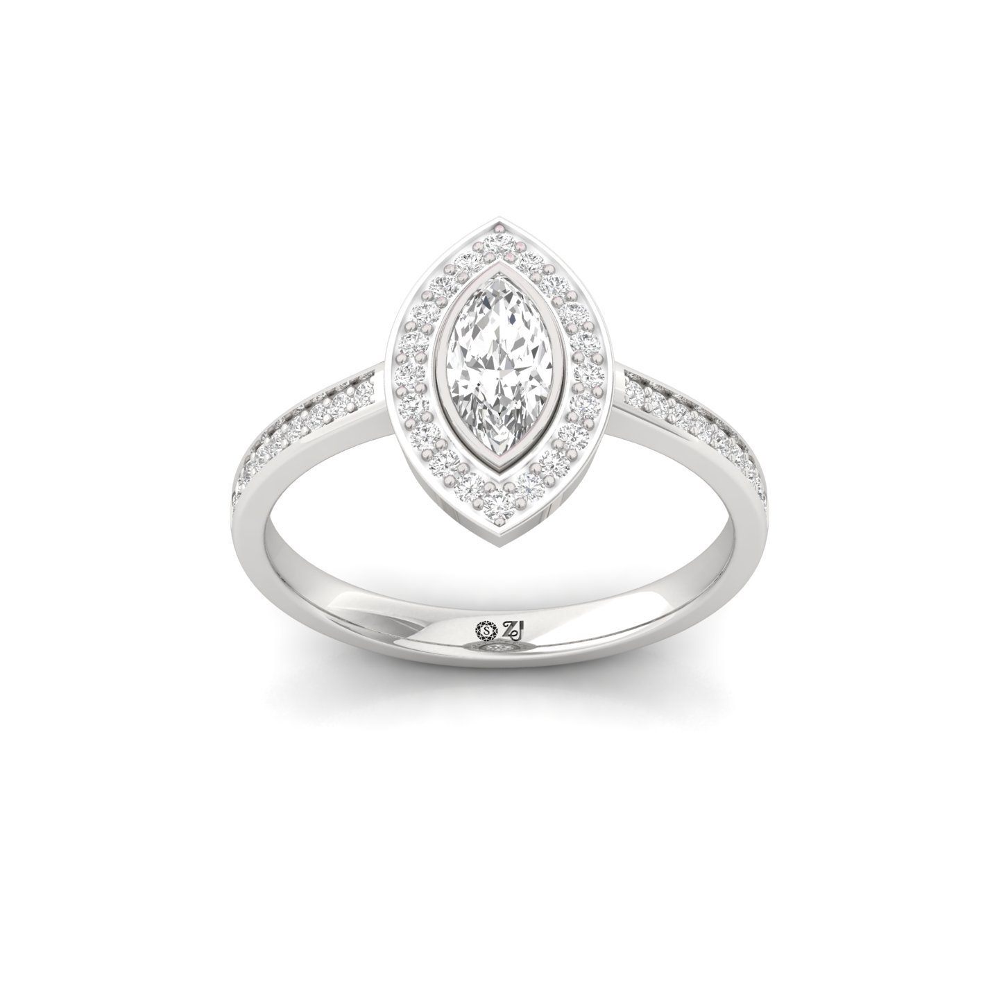 Marquise Cut Diamond Halo Engagement Ring | Lab Grown CVD Diamond Solitaire with Pavé Band | 925 Silver | 10K | 14K | 18K - Main View