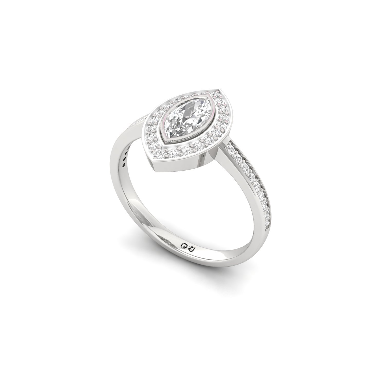 Marquise Cut Diamond Halo Engagement Ring | Lab Grown CVD Diamond Solitaire with Pavé Band | 925 Silver | 10K | 14K | 18K - View 2