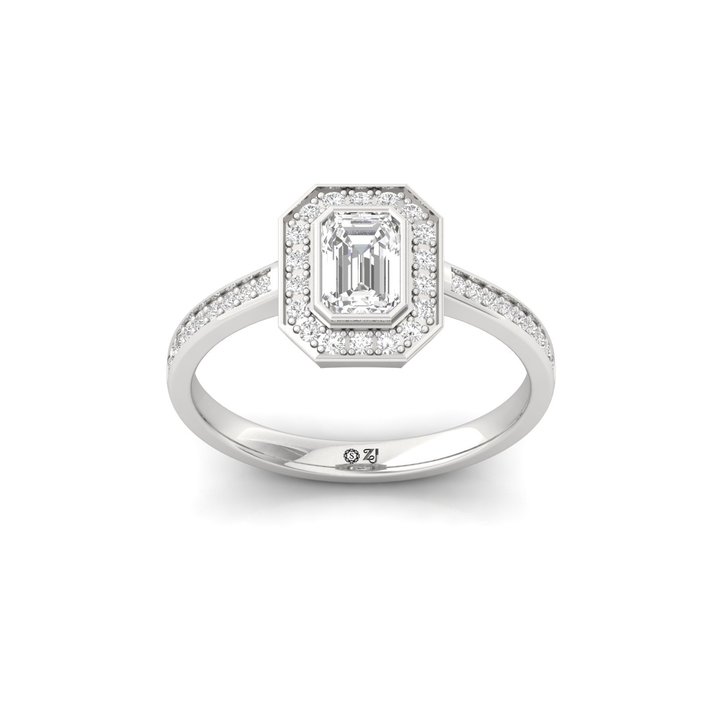 Emerald Cut Diamond Halo Engagement Ring | Lab Grown CVD Diamond Solitaire with Pavé Band | 925 Silver | 10K | 14K | 18K - Main View