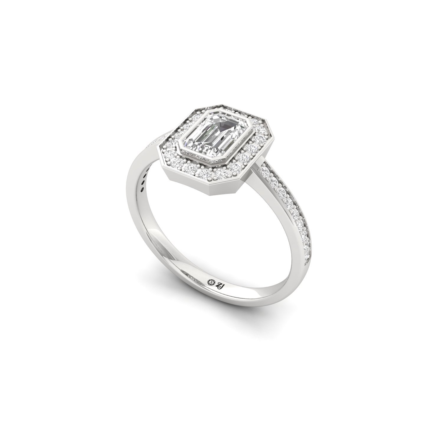 Emerald Cut Diamond Halo Engagement Ring | Lab Grown CVD Diamond Solitaire with Pavé Band | 925 Silver | 10K | 14K | 18K - View 2
