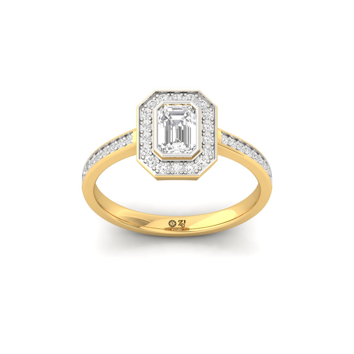 Emerald Cut Diamond Halo Engagement Ring | Lab Grown CVD Diamond Solitaire with Pavé Band | 925 Silver | 10K | 14K | 18K - Gold Main View