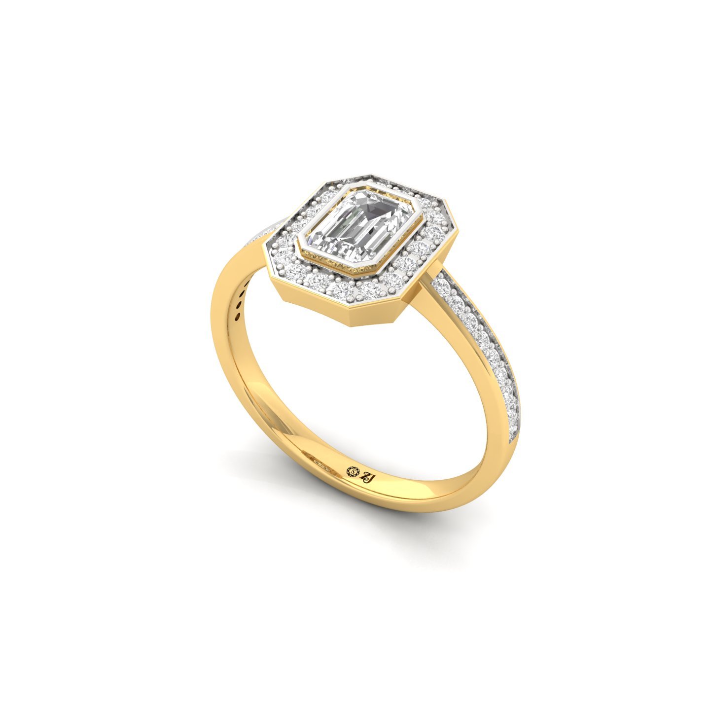 Emerald Cut Diamond Halo Engagement Ring | Lab Grown CVD Diamond Solitaire with Pavé Band | 925 Silver | 10K | 14K | 18K - View 2