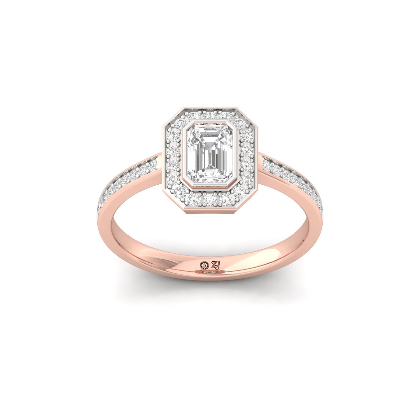 Emerald Cut Diamond Halo Engagement Ring | Lab Grown CVD Diamond Solitaire with Pavé Band | 925 Silver | 10K | 14K | 18K - Rose Gold Main View