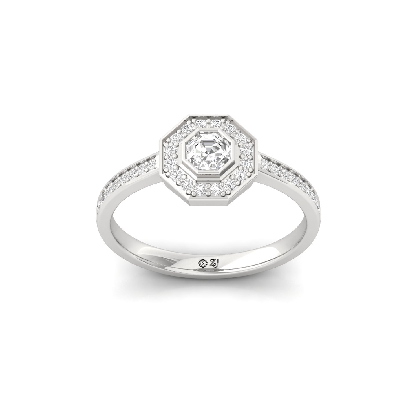 Octagon Cut Diamond Halo Engagement Ring | Lab Grown CVD Diamond Solitaire with Pavé Band | 925 Silver | 10K | 14K | 18K - Main View