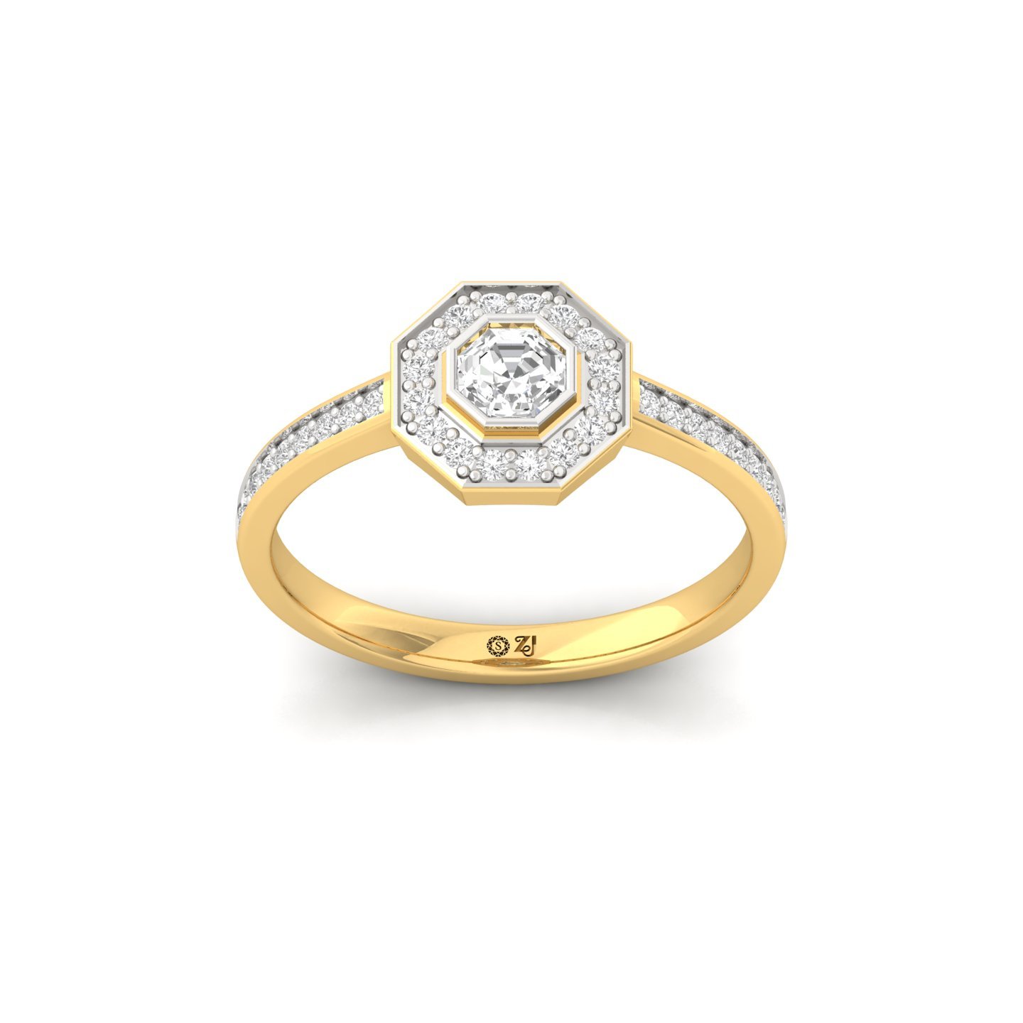 Octagon Cut Diamond Halo Engagement Ring | Lab Grown CVD Diamond Solitaire with Pavé Band | 925 Silver | 10K | 14K | 18K - Gold Main View