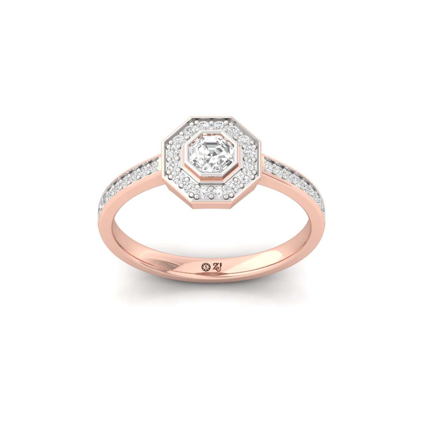 Octagon Cut Diamond Halo Engagement Ring | Lab Grown CVD Diamond Solitaire with Pavé Band | 925 Silver | 10K | 14K | 18K - Rose Gold Main View