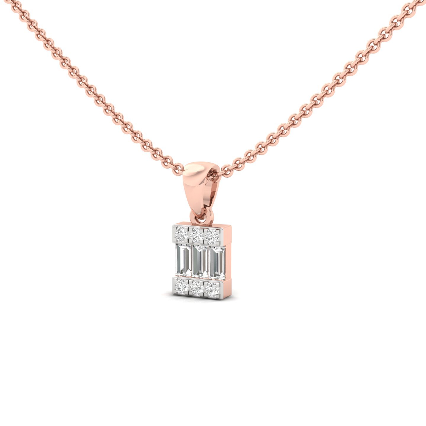 Baguette & Round Diamond Pendant | Lab Grown CVD Diamond Charm Necklace (Without Chain) | 925 Silver | 10K | 14K | 18K - View 2