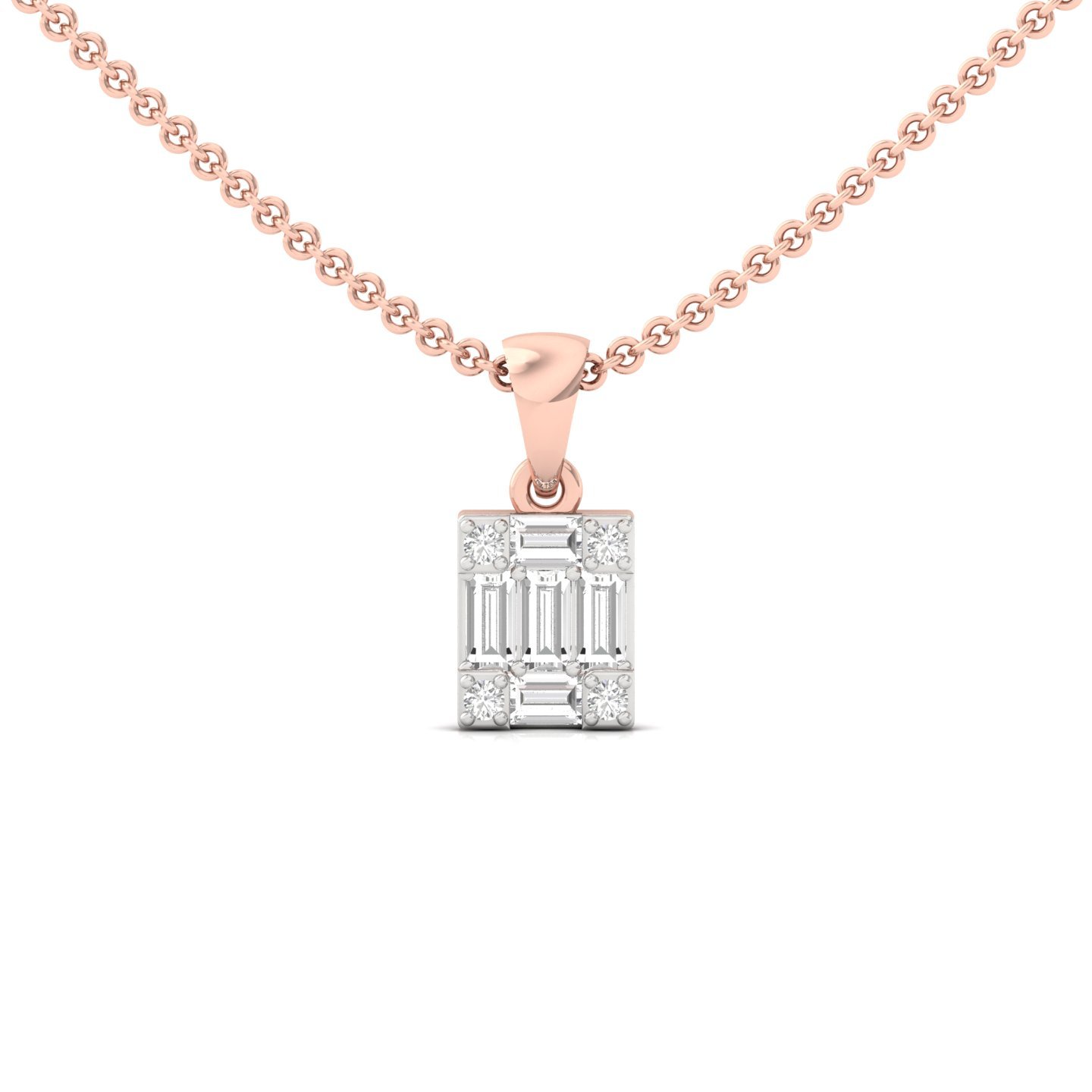Baguette & Round Diamond Pendant | Lab Grown CVD Diamond Rectangle Charm (Without Chain) | 925 Silver | 10K | 14K | 18K - Rose Gold Main View