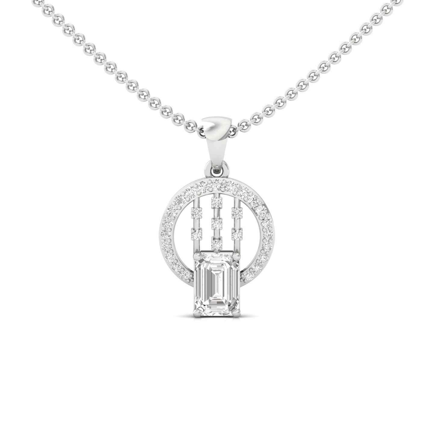 Emerald Cut Diamond Circle Pendant | Lab Grown CVD Diamond Halo Drop Necklace (Without Chain) | 925 Silver | 10K | 14K | 18K - Main View