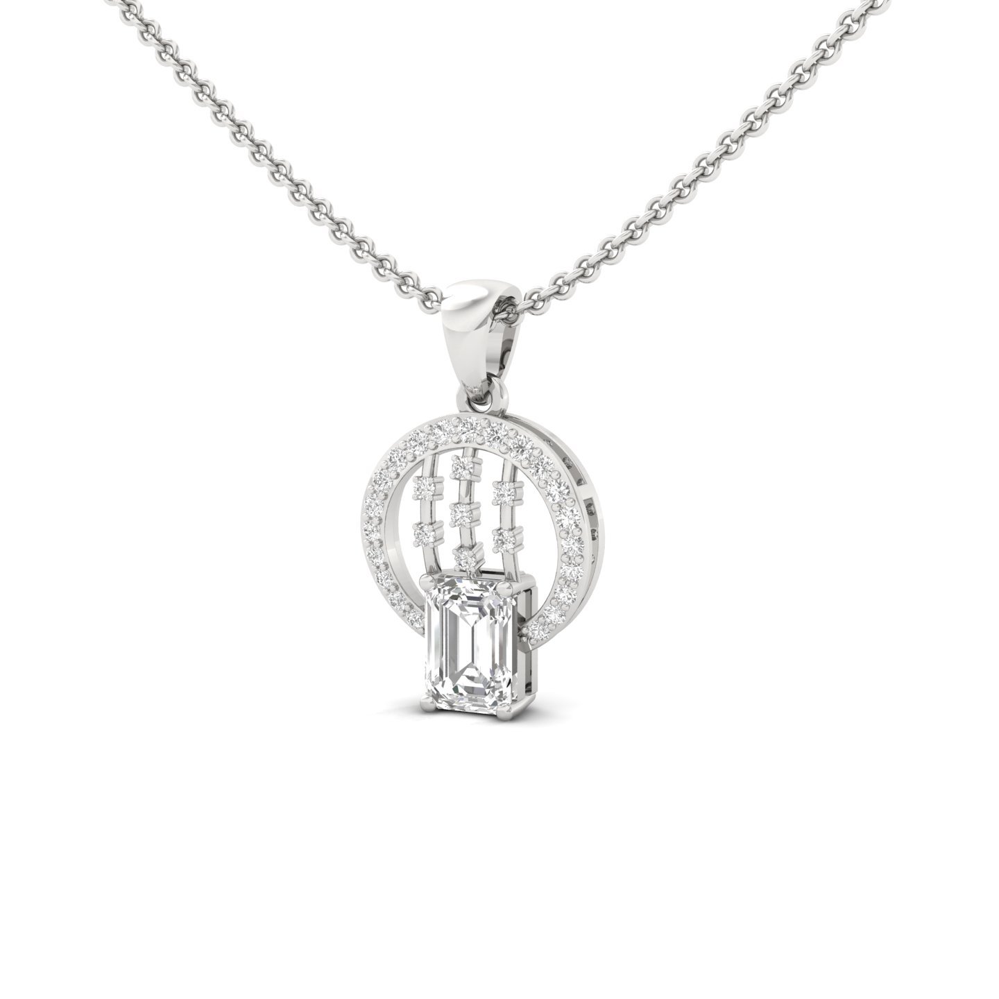 Emerald Cut Diamond Circle Pendant | Lab Grown CVD Diamond Halo Drop Necklace (Without Chain) | 925 Silver | 10K | 14K | 18K - View 2