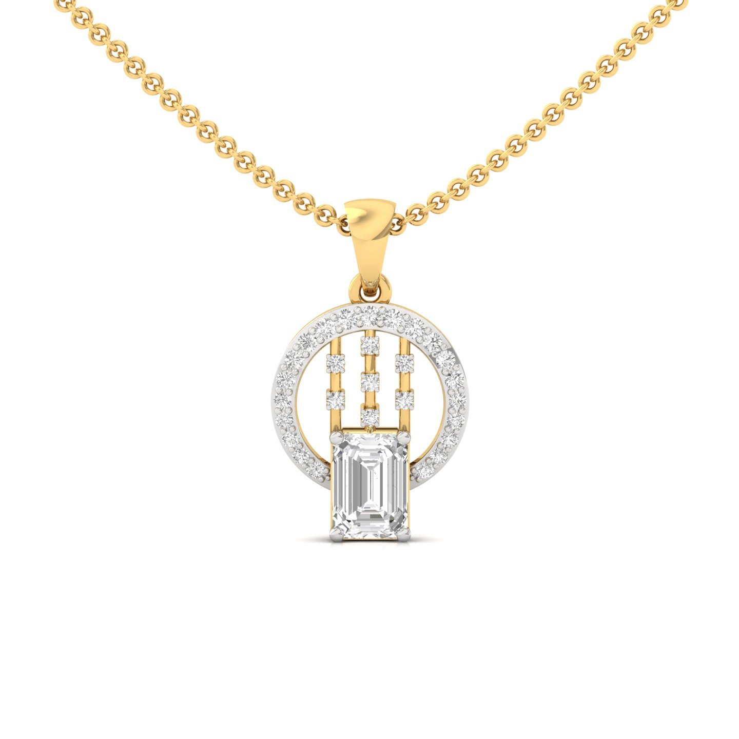 Emerald Cut Diamond Circle Pendant | Lab Grown CVD Diamond Halo Drop Necklace (Without Chain) | 925 Silver | 10K | 14K | 18K - Gold Main View