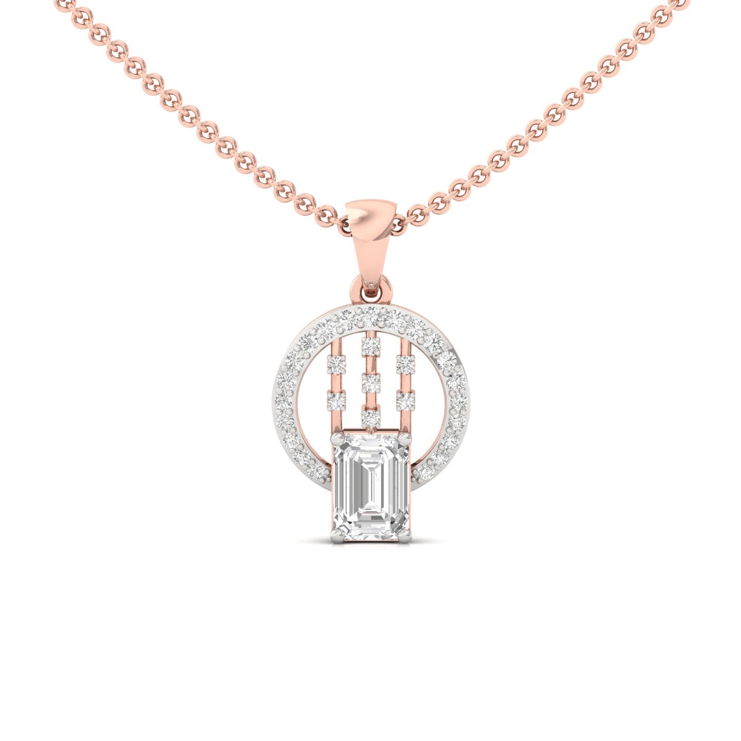 Emerald Cut Diamond Circle Pendant | Lab Grown CVD Diamond Halo Drop Necklace (Without Chain) | 925 Silver | 10K | 14K | 18K - Rose Gold Main View
