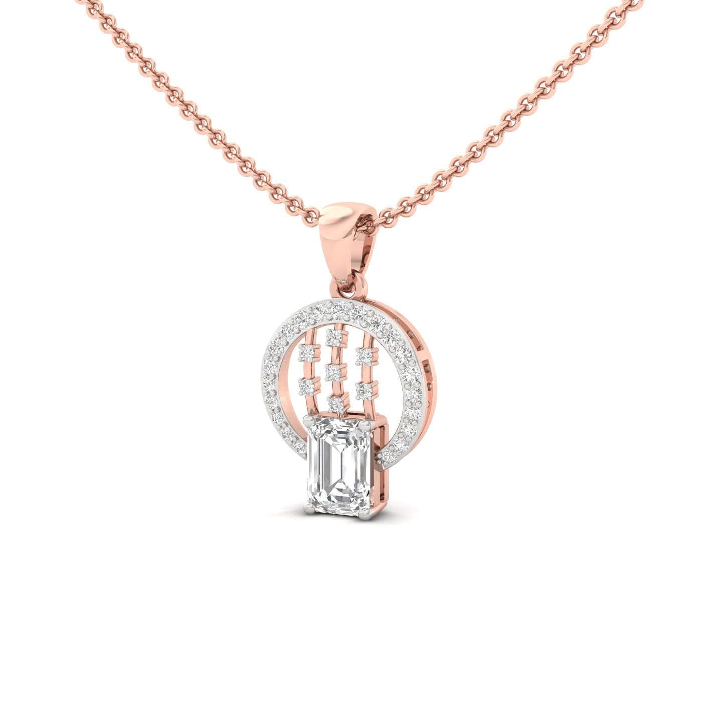 Emerald Cut Diamond Circle Pendant | Lab Grown CVD Diamond Halo Drop Necklace (Without Chain) | 925 Silver | 10K | 14K | 18K - View 2