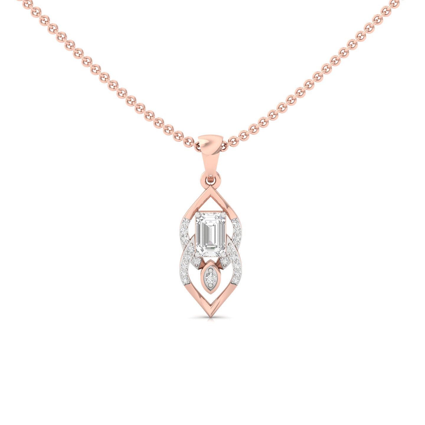 Emerald Cut Diamond Pendant | Elegant Lab Grown CVD Diamond Necklace with Marquise Accent (Without Chain) | 925 Silver | 10K | 14K | 18K - Rose Gold Main View