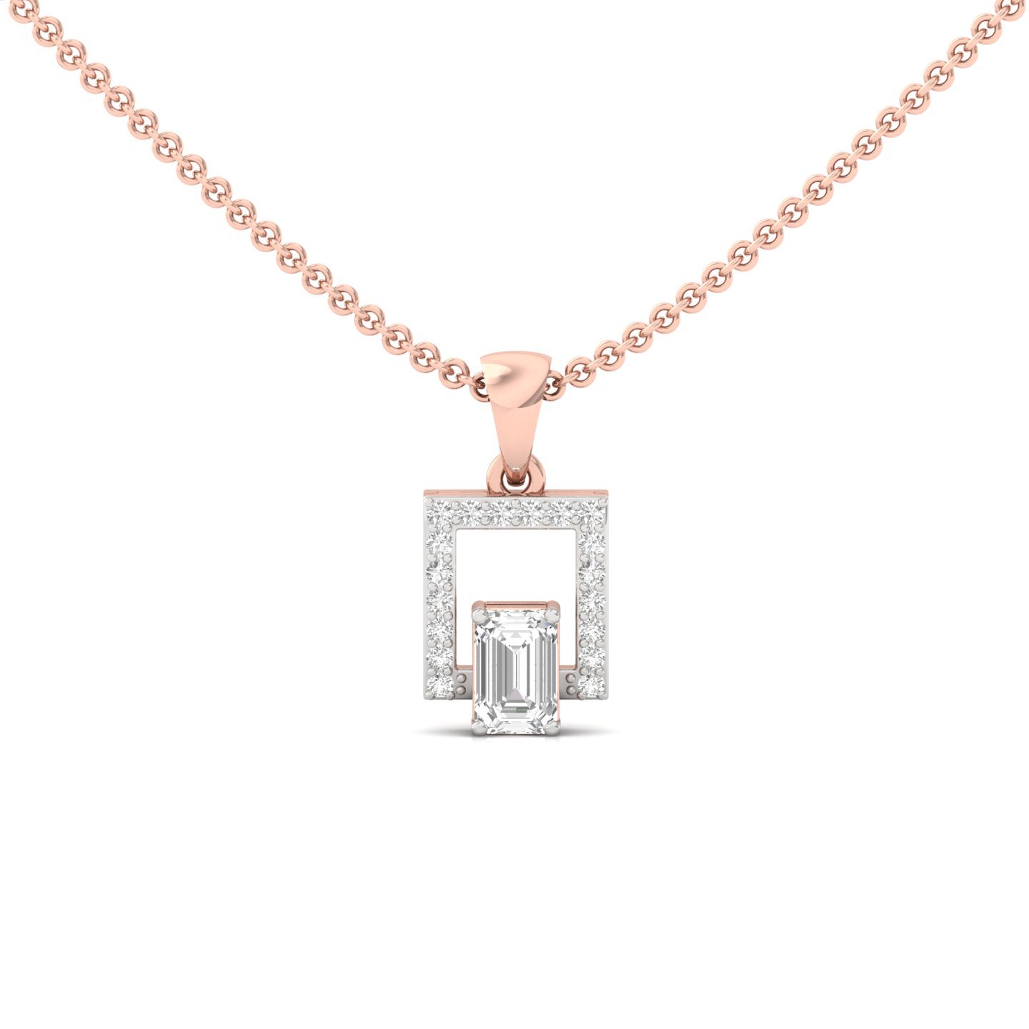 Emerald Cut Diamond Pendant | Modern Halo Lab Grown CVD Diamond Necklace (Without Chain) | 925 Silver | 10K | 14K | 18K - Rose Gold Main View