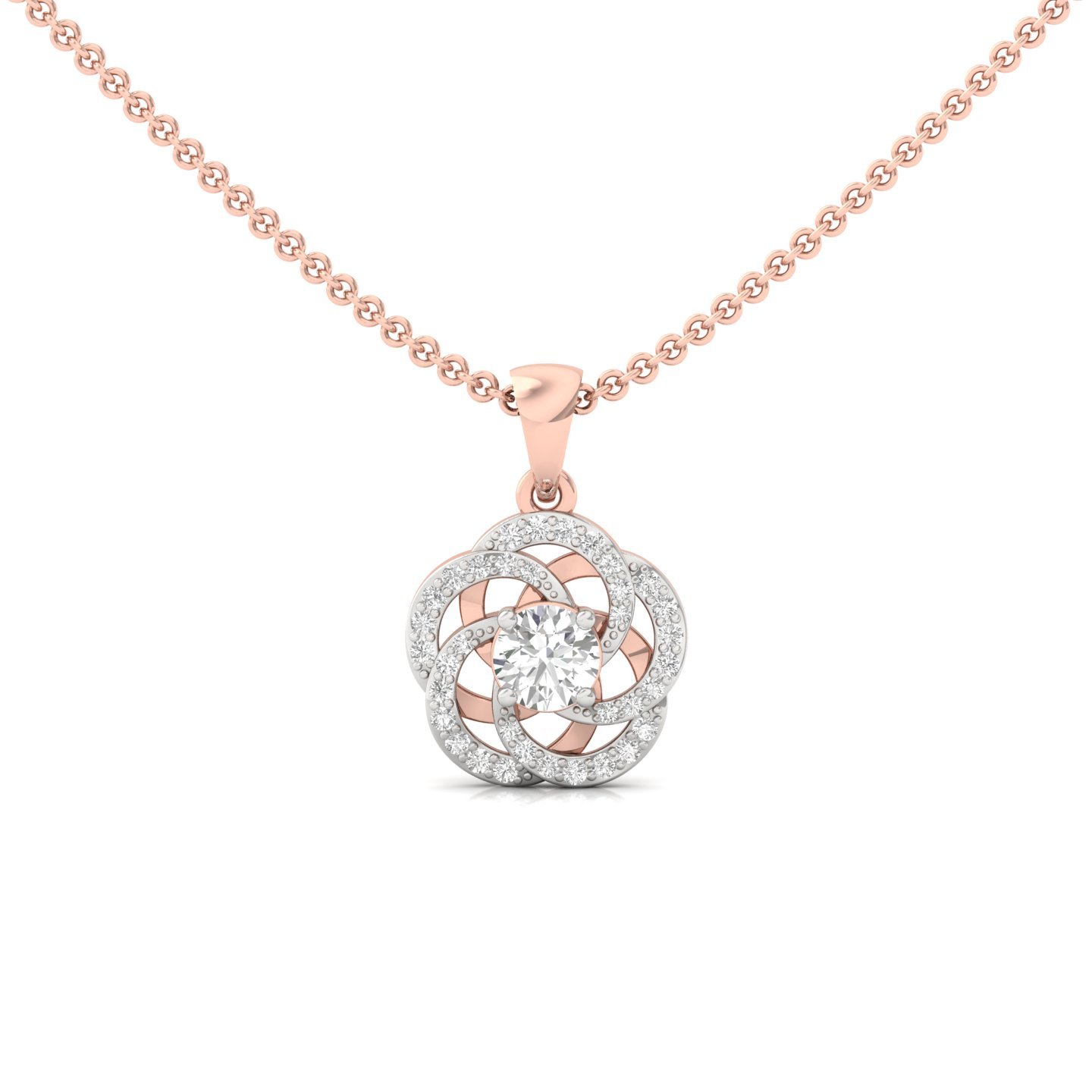 Round Cut Diamond Pendant | Floral Bloom Lab Grown CVD Diamond Necklace (Without Chain) | 925 Silver | 10K | 14K | 18K - Rose Gold Main View