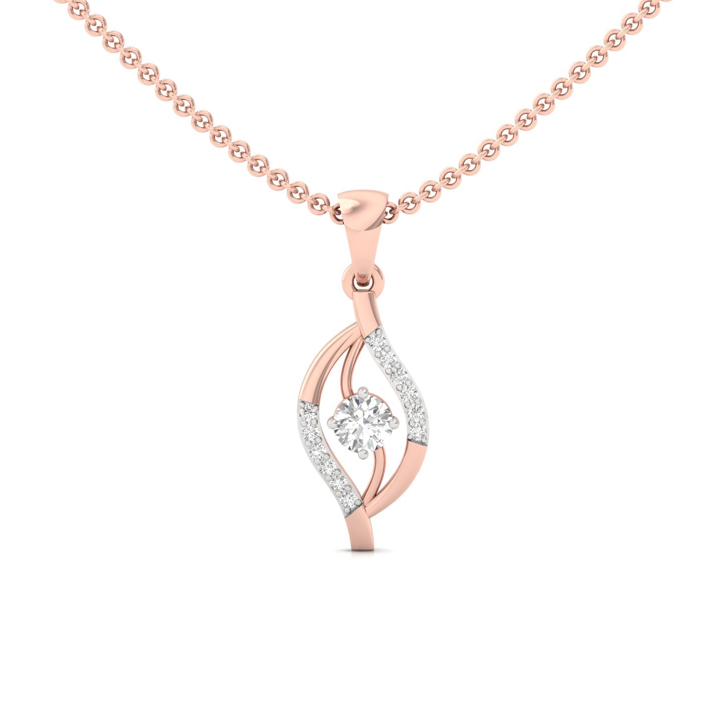 Round Cut Diamond Pendant | Elegant Wave Design Lab Grown CVD Diamond Necklace (Without Chain) | 925 Silver | 10K | 14K | 18K - Rose Gold Main View